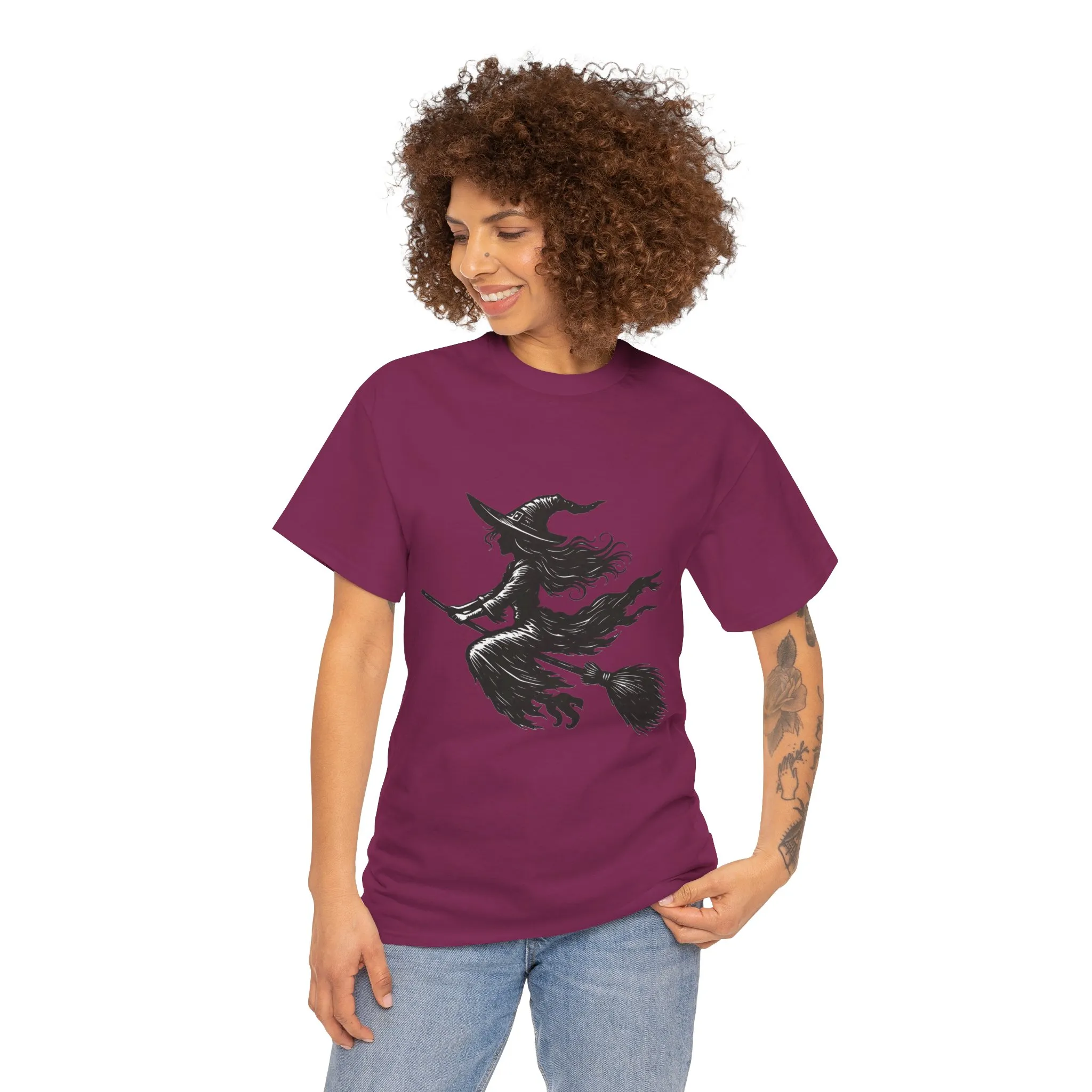 Flying Witch Silhouette Halloween T-Shirt for Women, Vintage Witch on Broom Tee, Spooky Gothic Fall Shirt, Minimal Black Witch Top - Image 29