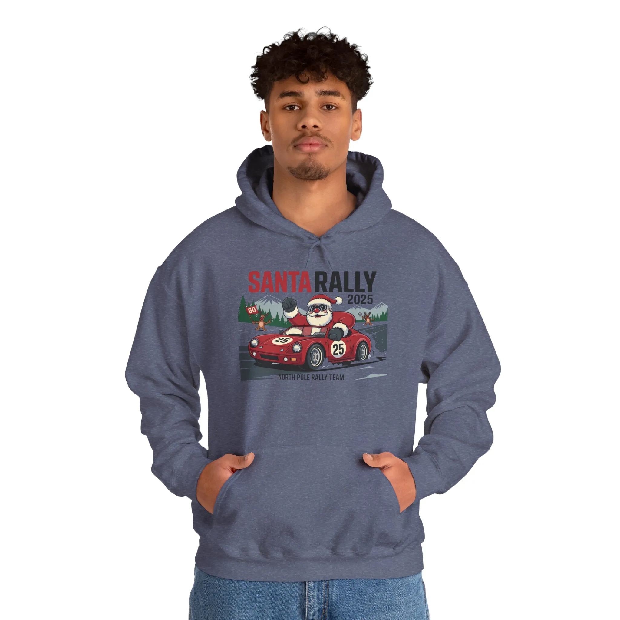 Santa Rally 2025 Christmas Sweatshirt, Funny Santa Racing Hoodie for Men, North Pole Rally Team Holiday Jumper