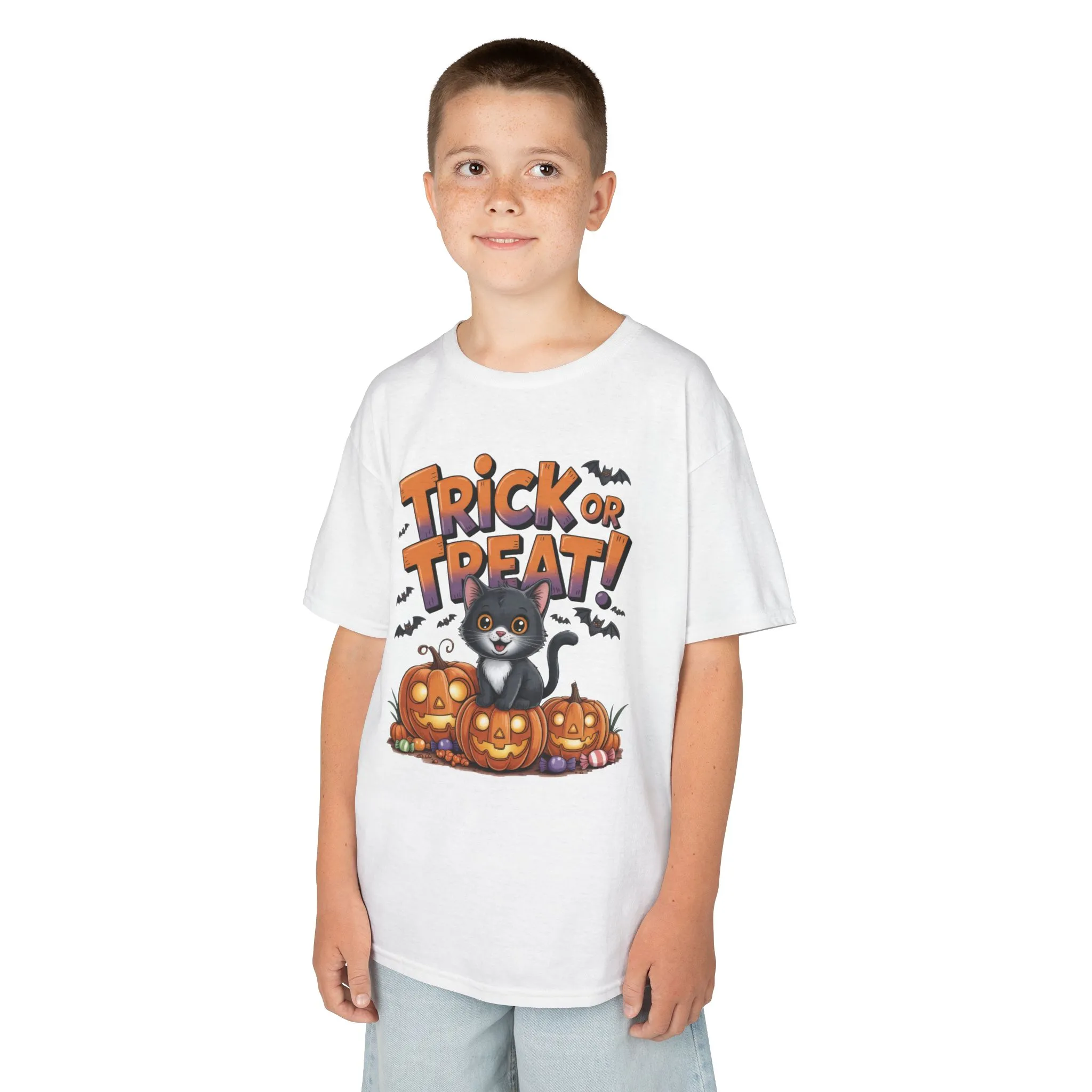 Girls Cute Black Cat Trick or Treat Halloween T-Shirt, Funny Pumpkin Cat Tee, Spooky Fall Shirt for Kids, Matching Family Halloween Shirts - Image 3