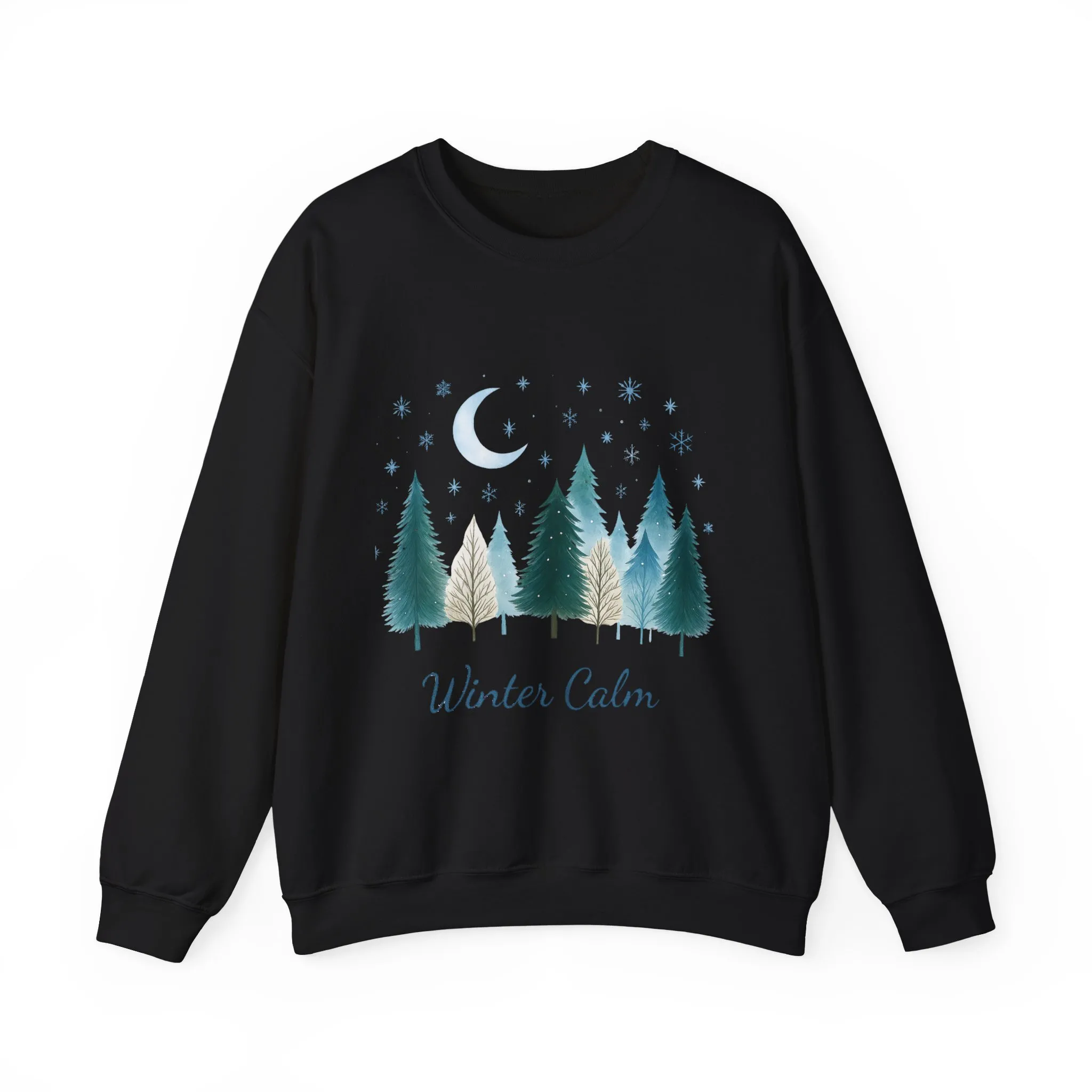 Winter Calm Sweatshirt, Minimalist Christmas Forest Pullover, Serene Winter Moon Scene Sweater for Women - Image 7