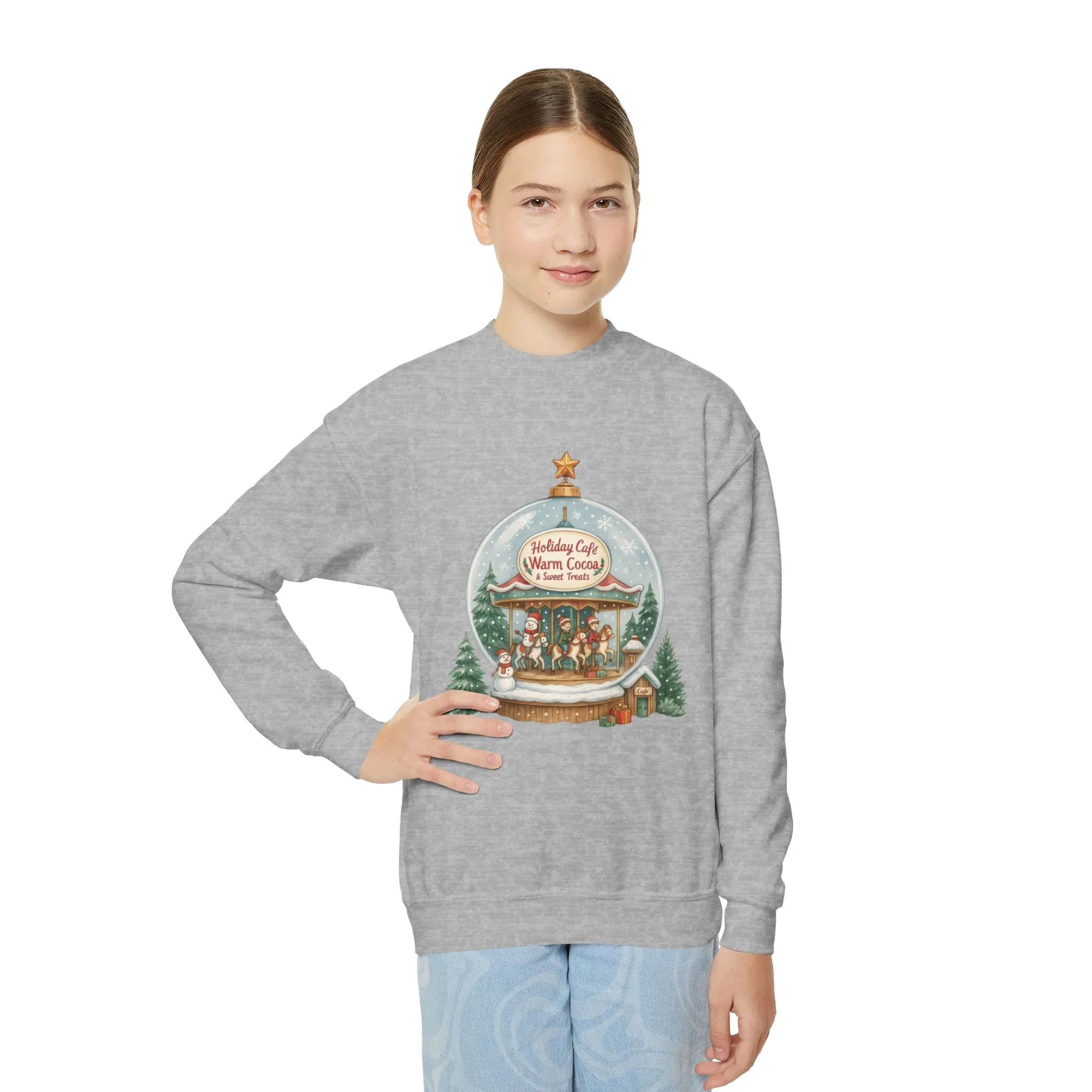 Youth Holiday Café Christmas Sweatshirt, Warm Cocoa Snow Globe Jumper - Image 2