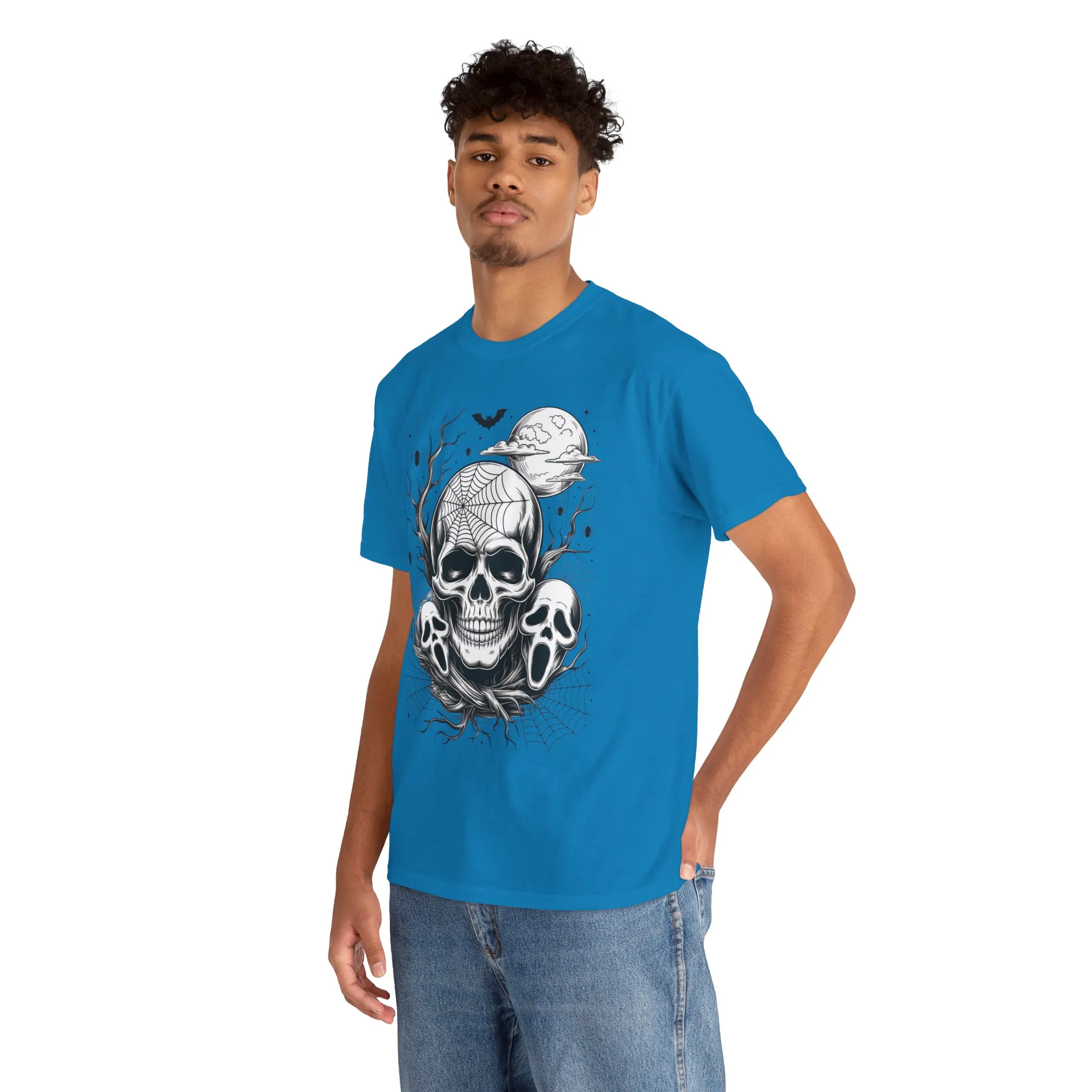 Men's Gothic Skull T-Shirt, Halloween Graphic Tee, Spider Web Moon Horror Shirt, Spooky Skull Graphic Top for Him - Image 21
