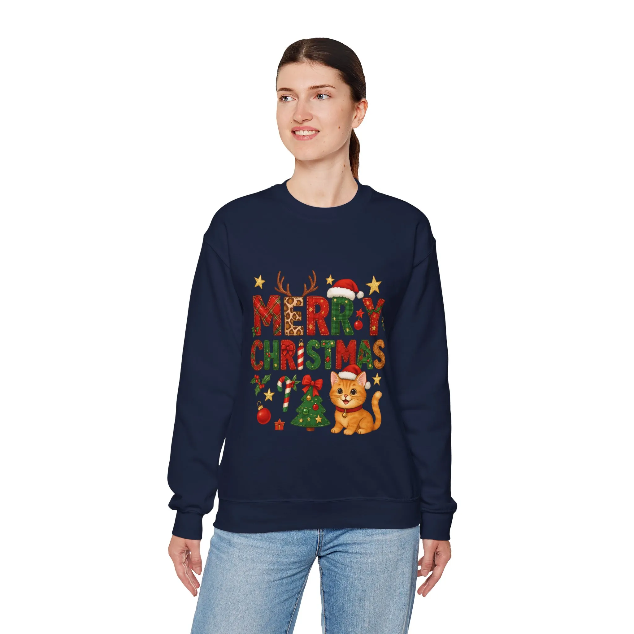 Women's Merry Christmas Cat Sweatshirt, Cozy Holiday Cat Lover Pullover, Women's Heavy Blend™ Crewneck Sweatshirt - Image 18