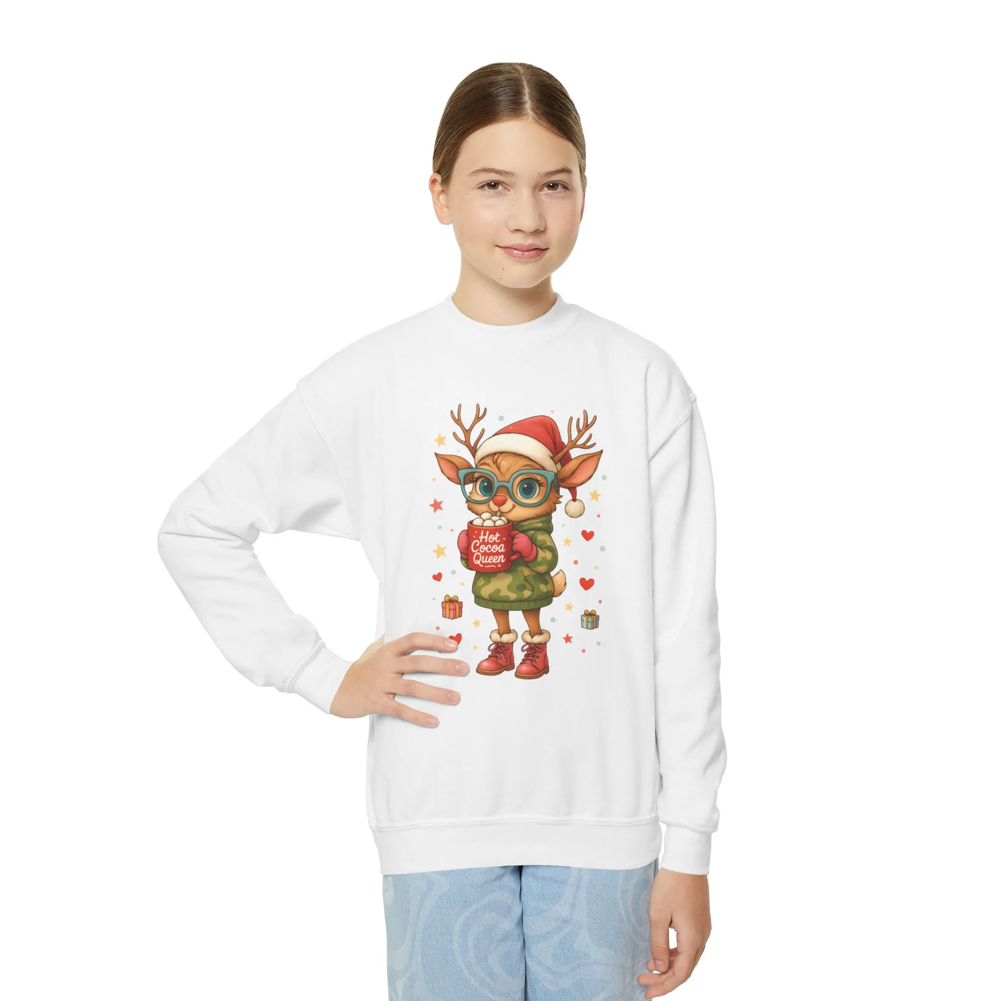 Hot Cocoa Queen Christmas Sweatshirt for Girls, Cute Holiday Reindeer Jumper - Image 4