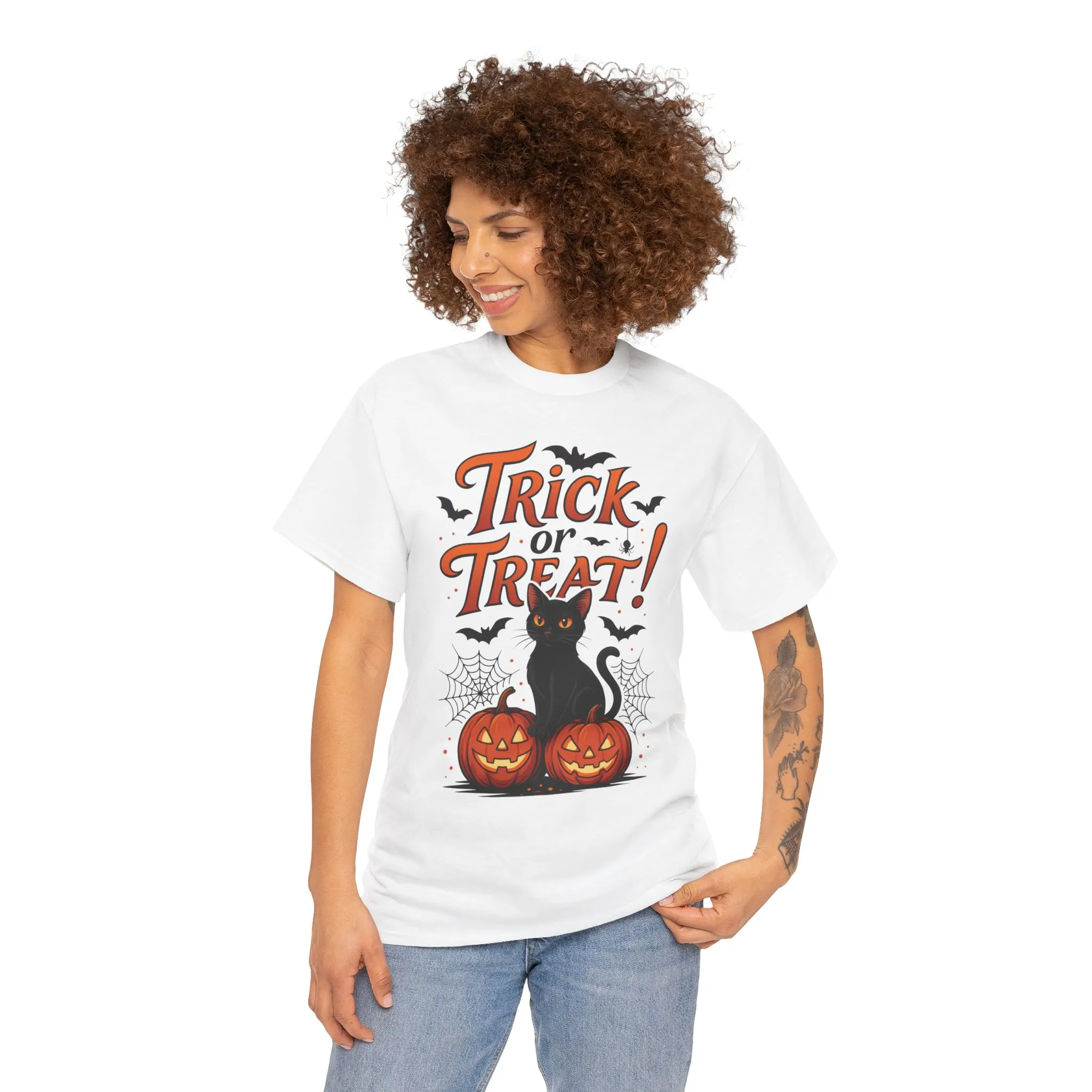 Trick or Treat Black Cat Halloween T-Shirt for Women, Spooky Cute Pumpkin Cat Tee, Fall Halloween Outfit Gift, Vintage Witchy Top - Image 5