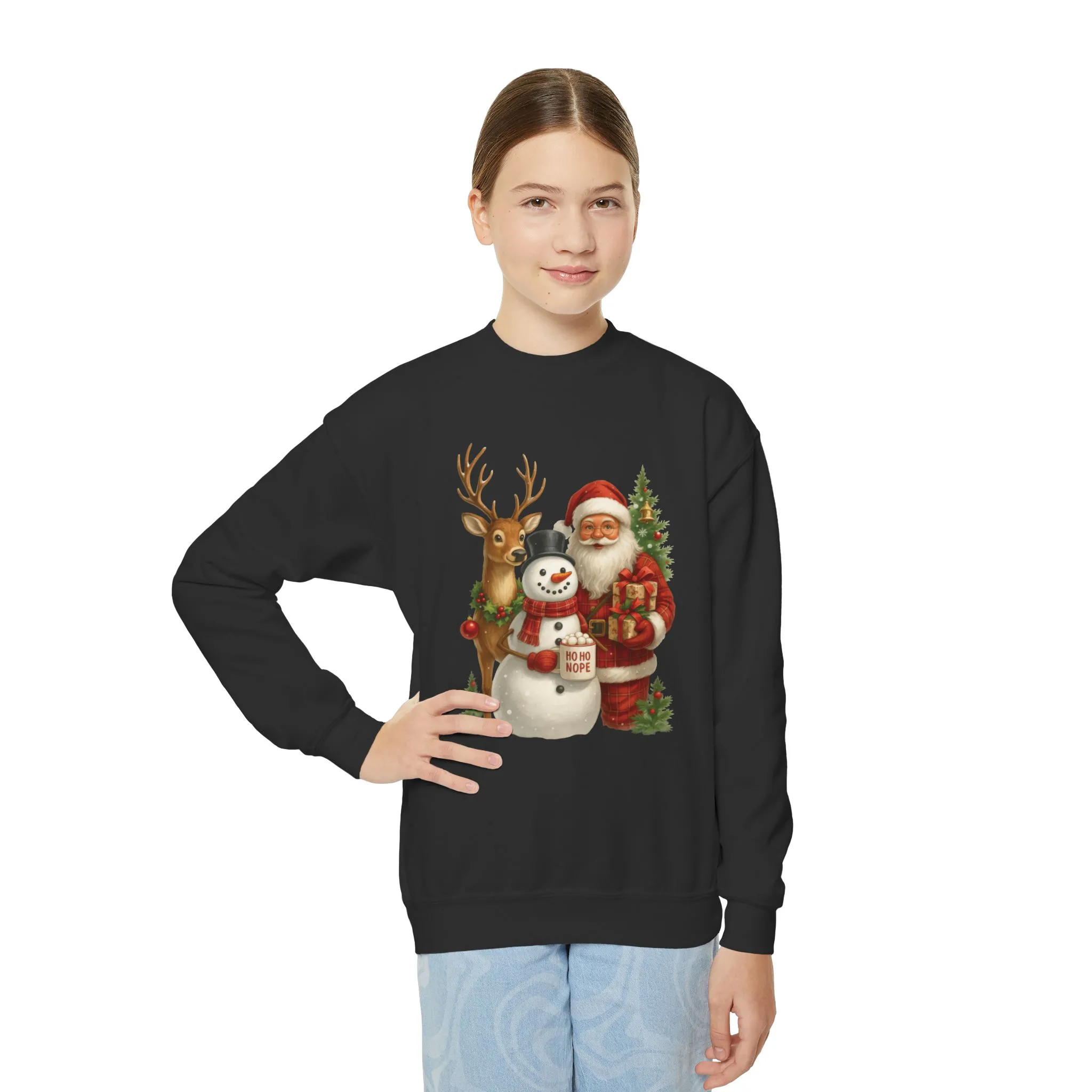 Kids Santa, Snowman - Reindeer Christmas Sweatshirt, Cute Ho Ho Nope Holiday Jumper, Funny Santa Sweater for Girls - Image 9