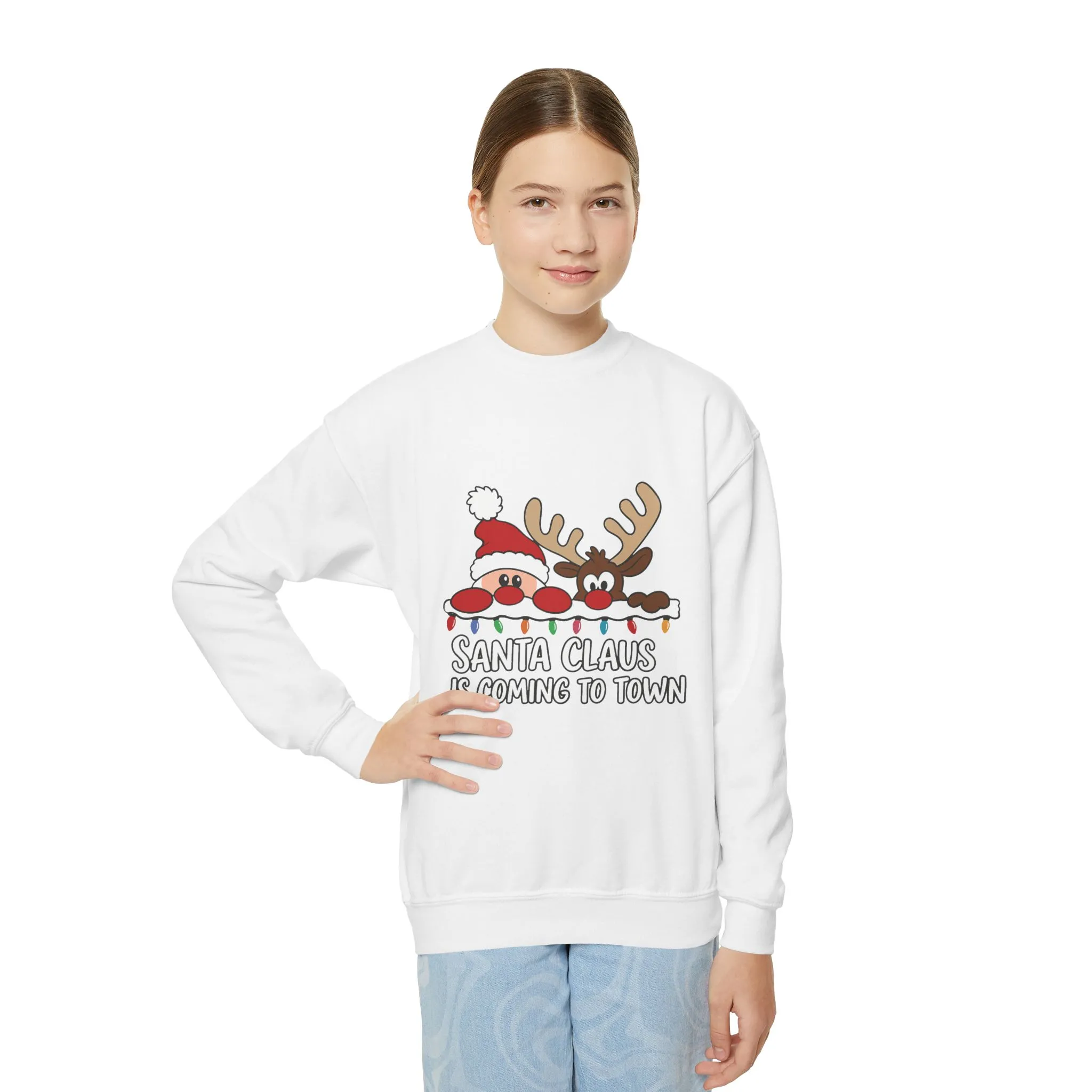 Santa Claus Is Coming to Town Kids Christmas Sweatshirt, Cute Santa - Reindeer Holiday Jumper - Image 4