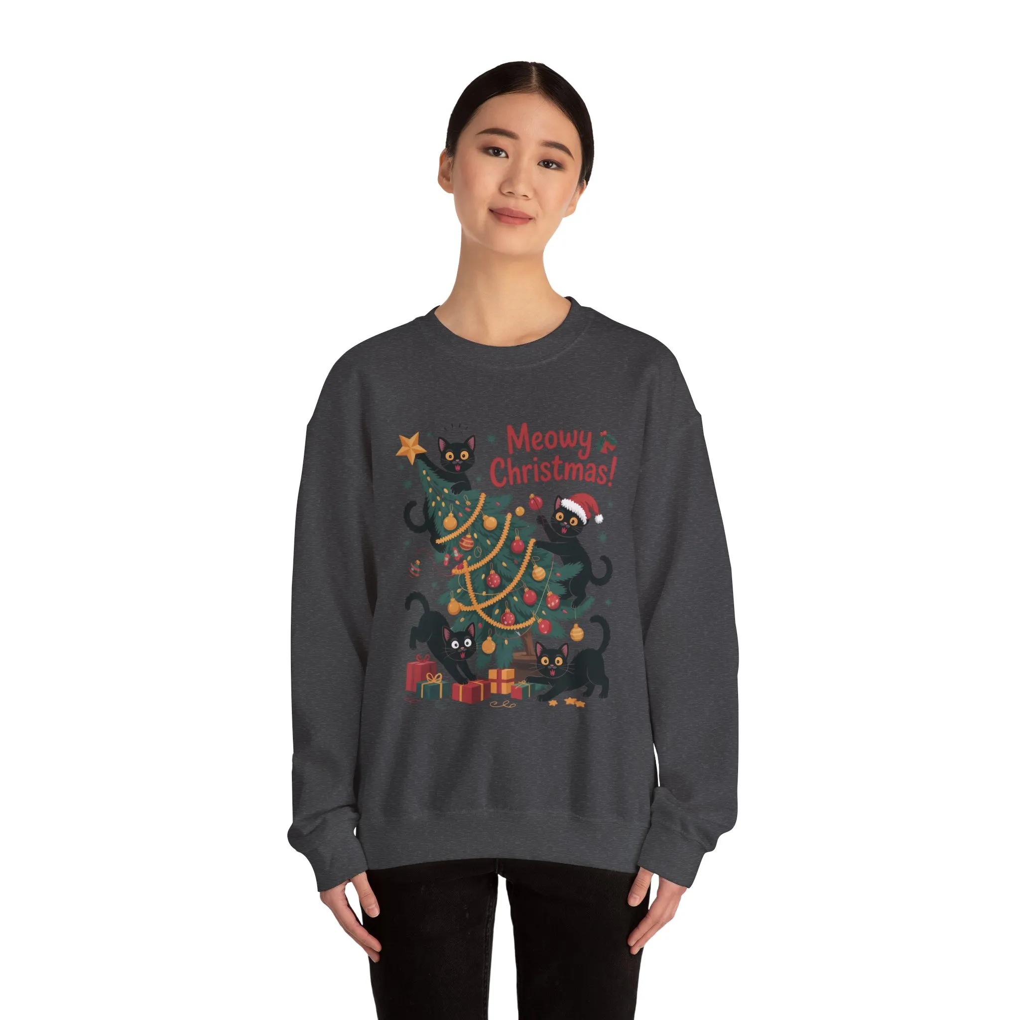 Black Cats Christmas Tree Sweatshirt, Funny Cat Lover Holiday Sweater, Cute Christmas Cat Chaos Jumper - Image 11