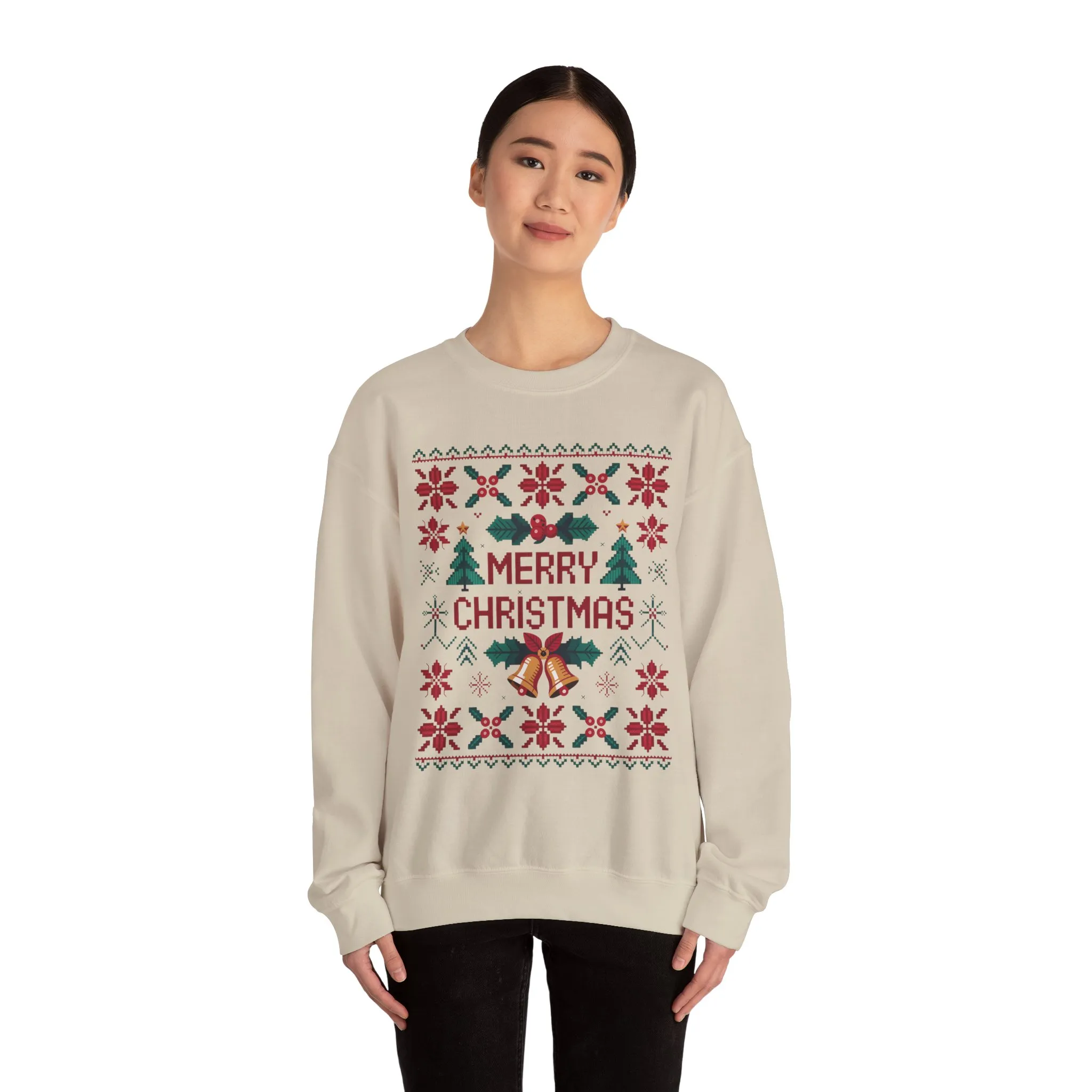 Merry Christmas Women's Sweatshirt, Cozy Knit Look Holiday Jumper, Classic Festive Winter Style Crewneck Sweatshirt