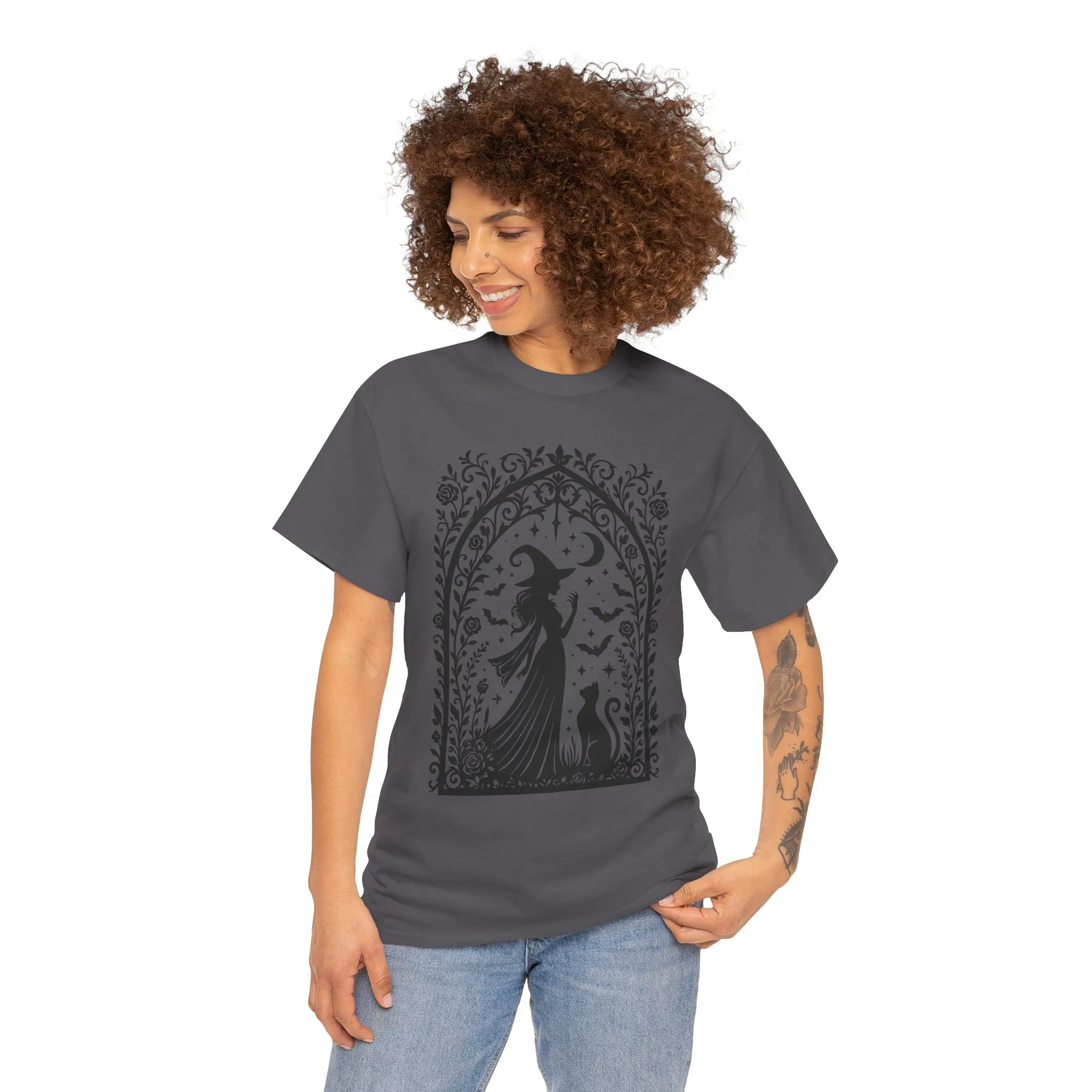 Gothic Witch & Cat Women's T-Shirt, Elegant Halloween Moon Silhouette Witchy Graphic Tee - Image 14
