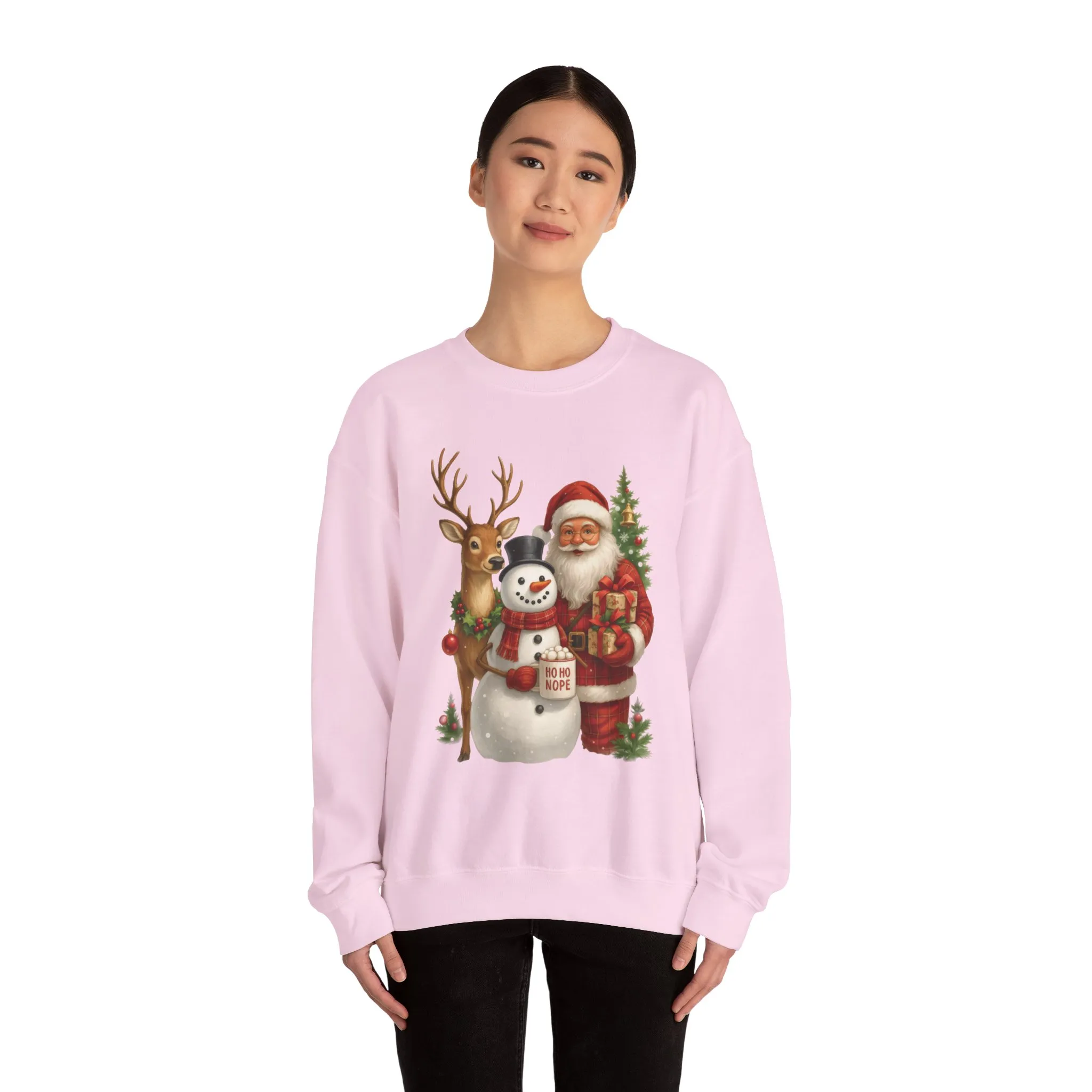 Santa, Snowman - Reindeer Christmas Sweatshirt, Funny Ho Ho Nope Holiday Sweater, Cute Vintage Christmas Jumper for Women - Image 23
