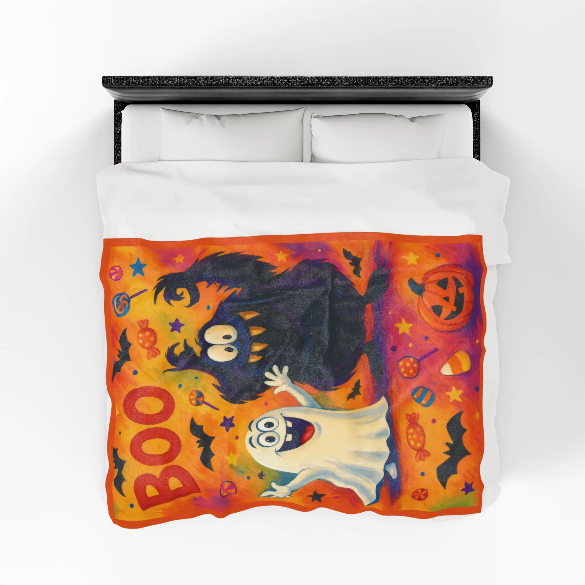 Cute Ghost and Monster Halloween Velveteen Plush Blanket, Fun Kids Throw, Spooky Cute Boo Design, Cozy Fall Blanket Gift - Image 7