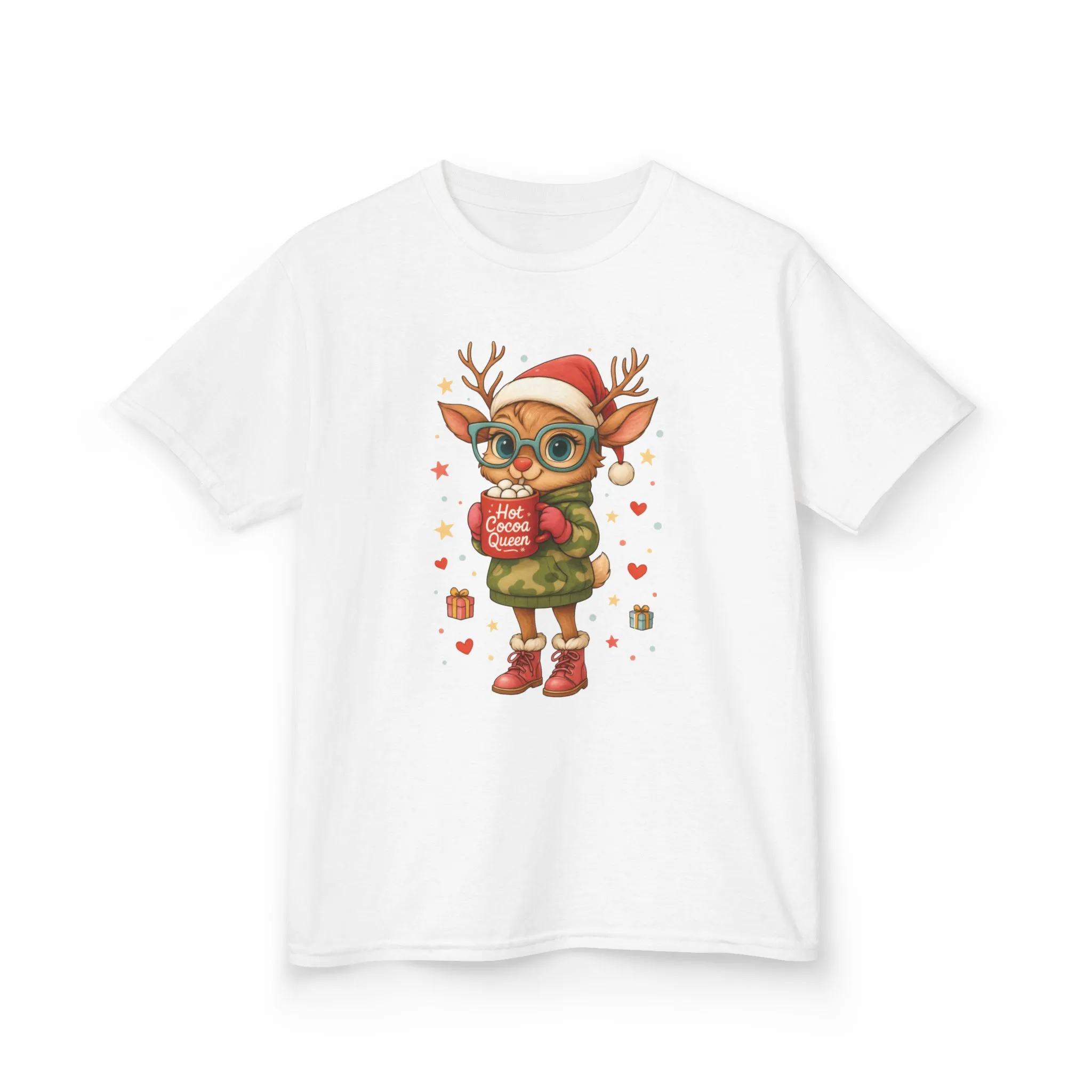 Hot Cocoa Queen Christmas T-Shirt for Girls, Cute Holiday Reindeer Tee - Image 3