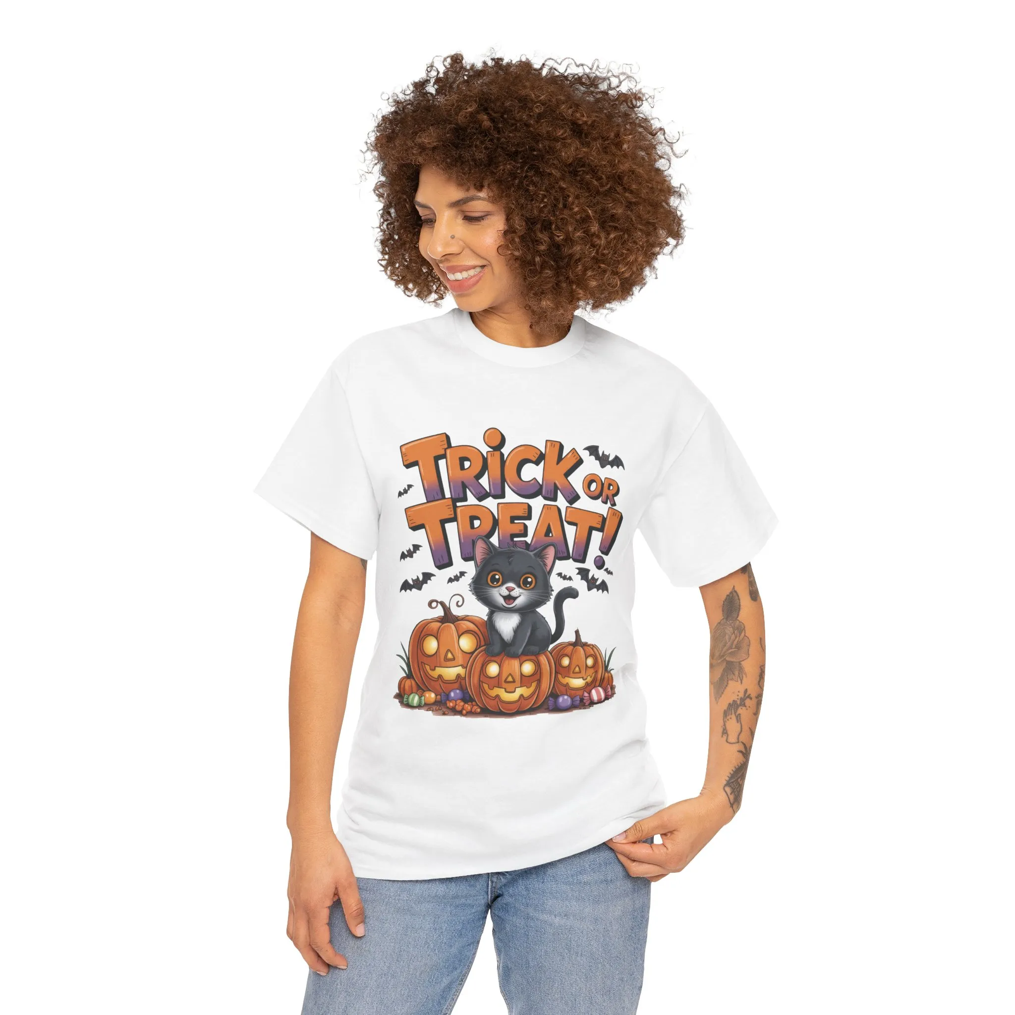 Cute Black Cat Trick or Treat Halloween T-Shirt for Women, Funny Pumpkin Cat Tee, Spooky Fall Shirt, Matching Family Halloween Shirts - Image 5