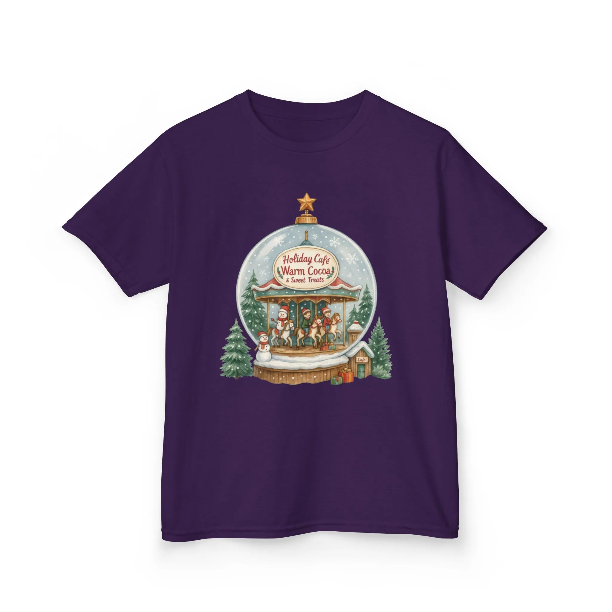 Youth Holiday Café Christmas T-Shirt, Warm Cocoa Carousel Kids Tee - Image 13