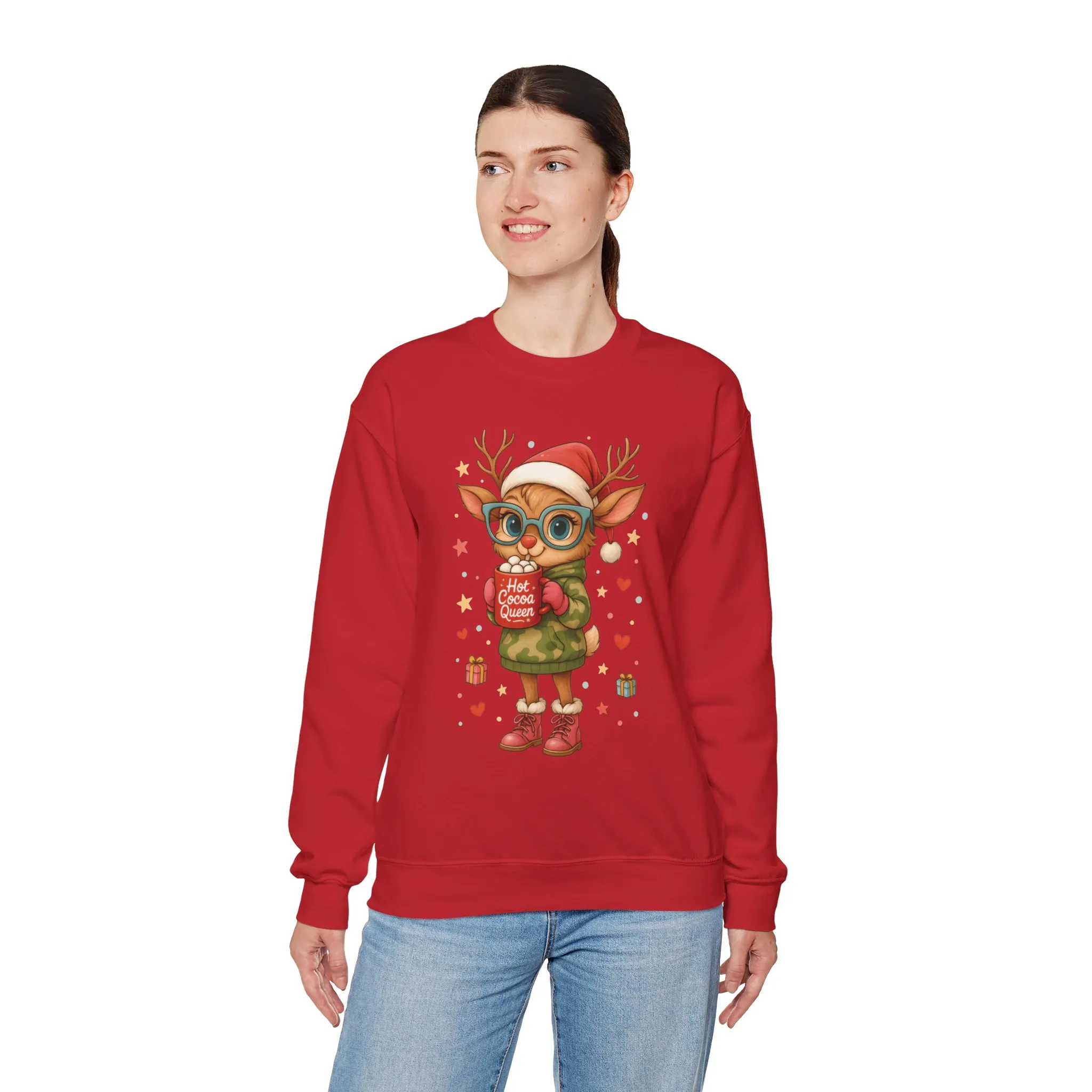 Hot Cocoa Queen Christmas Women's Sweatshirt, Cute Cozy Holiday Reindeer Pullover - Image 27