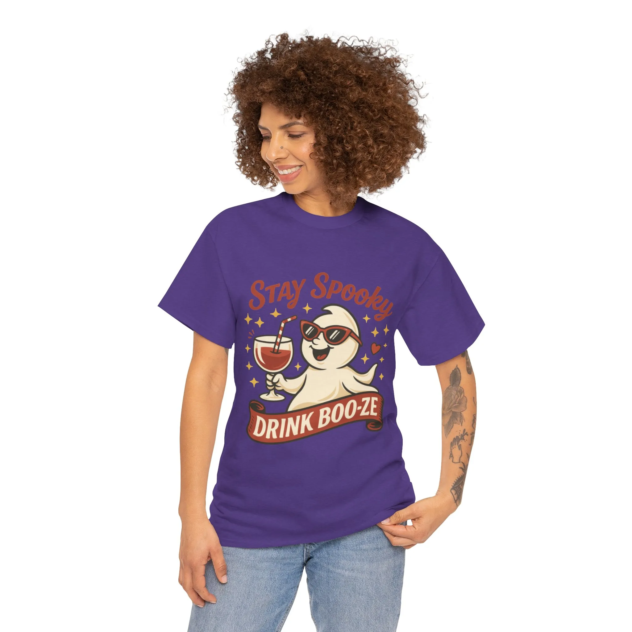 Stay Spooky Drink Boo-ze Women's T-Shirt, Funny Ghost Wine Halloween Party Graphic Tee - Image 23