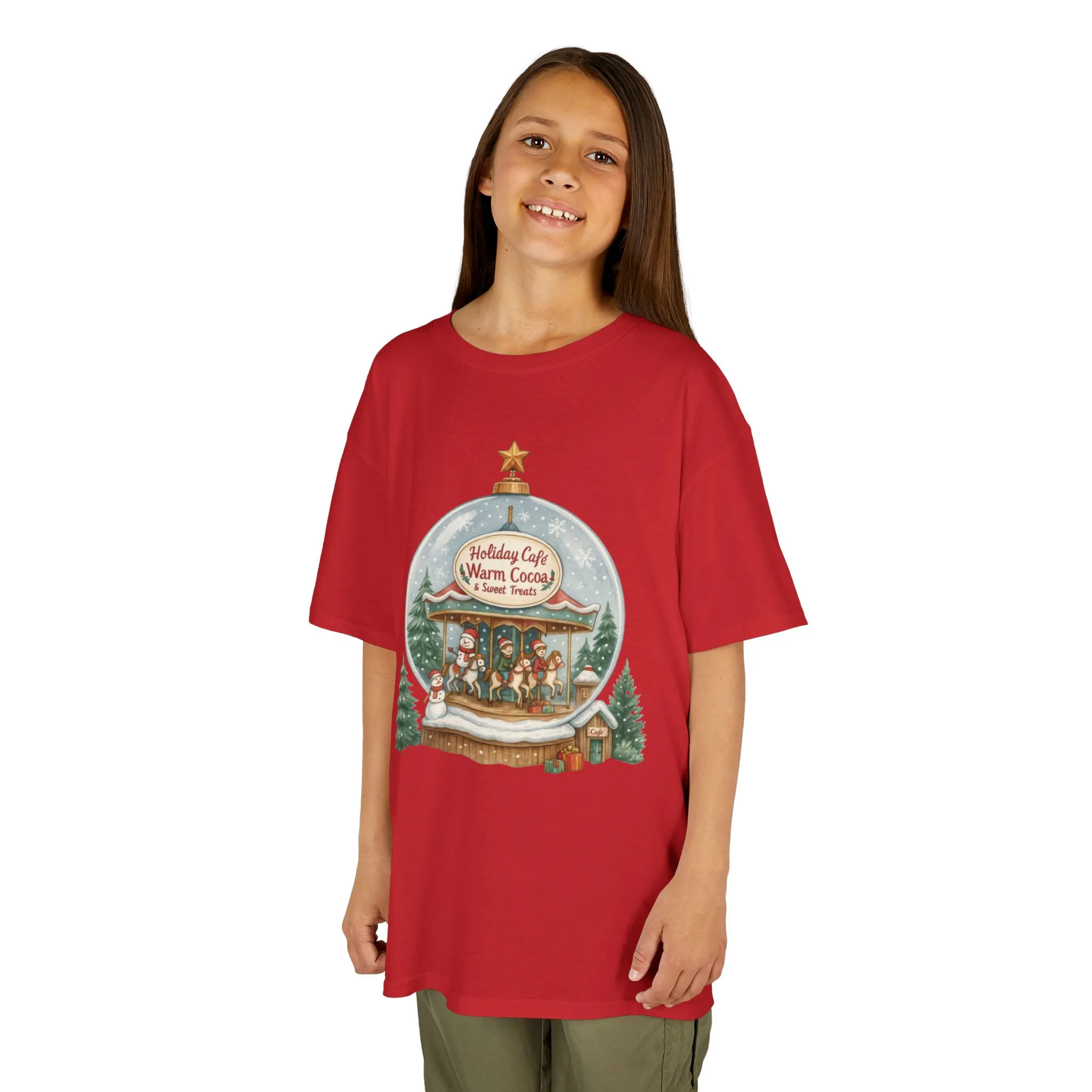 Youth Holiday Café Christmas T-Shirt, Warm Cocoa Carousel Kids Tee - Image 18
