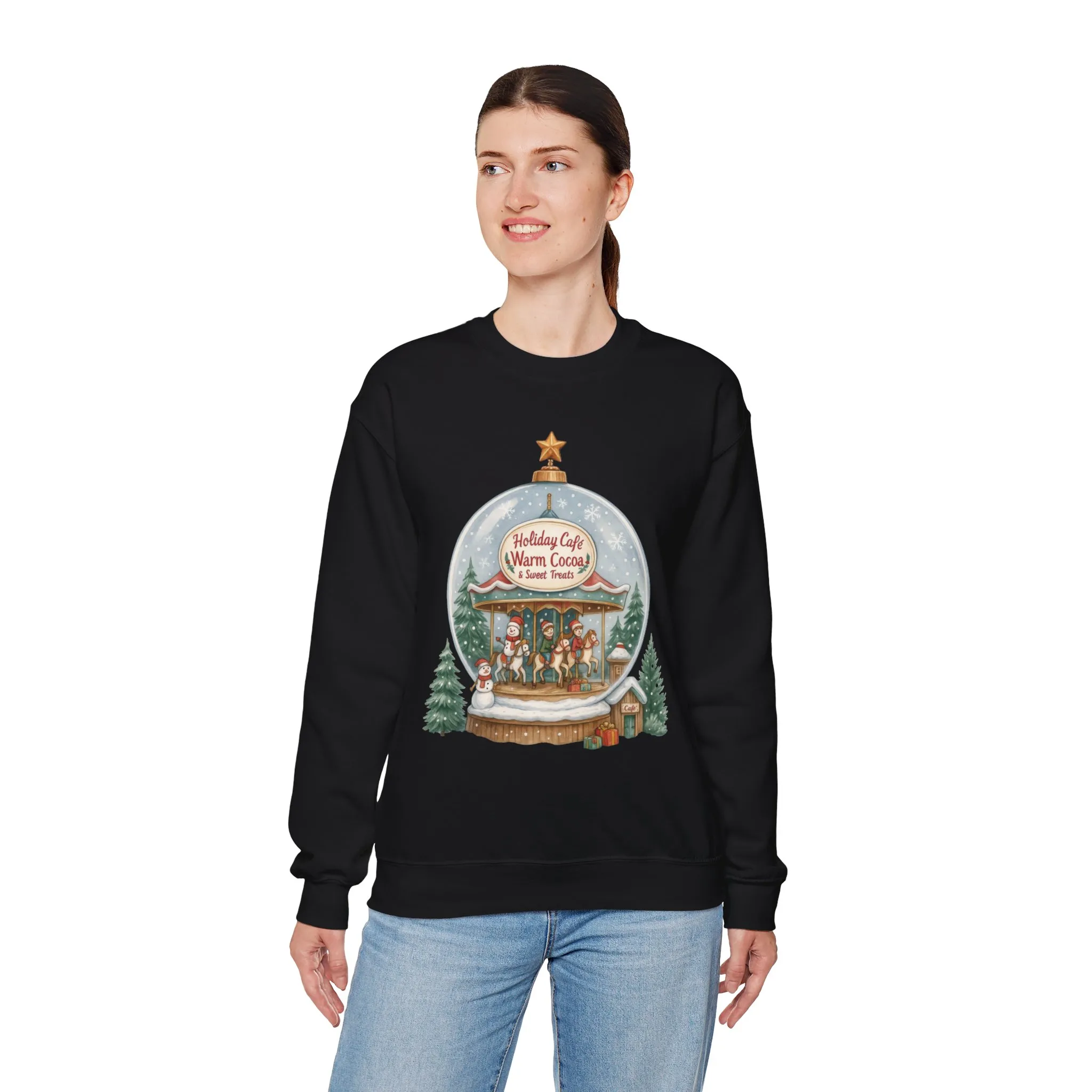 Holiday Café Christmas Sweatshirt, Warm Cocoa Snow Globe Pullover - Image 9