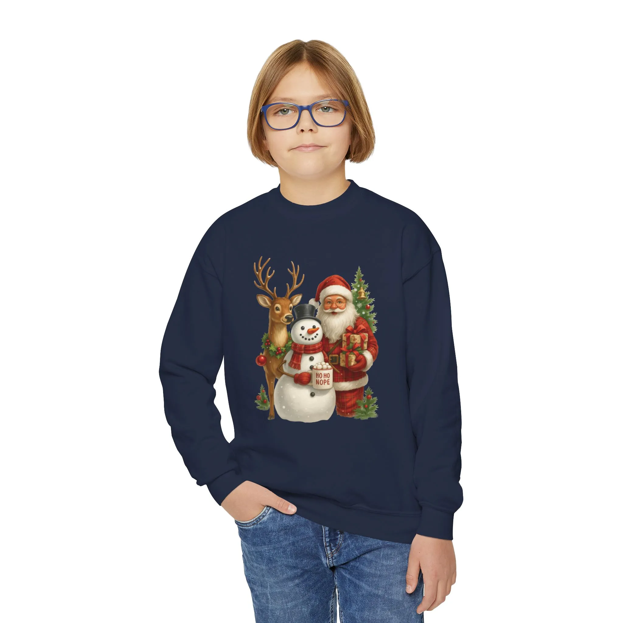 Kids Santa, Snowman - Reindeer Christmas Sweatshirt, Cute Ho Ho Nope Holiday Jumper, Funny Santa Sweater for Girls - Image 2