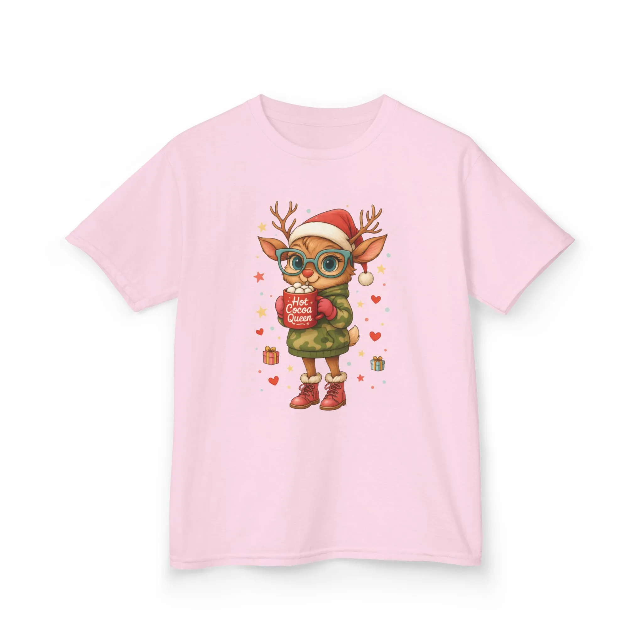Hot Cocoa Queen Christmas T-Shirt for Girls, Cute Holiday Reindeer Tee - Image 2