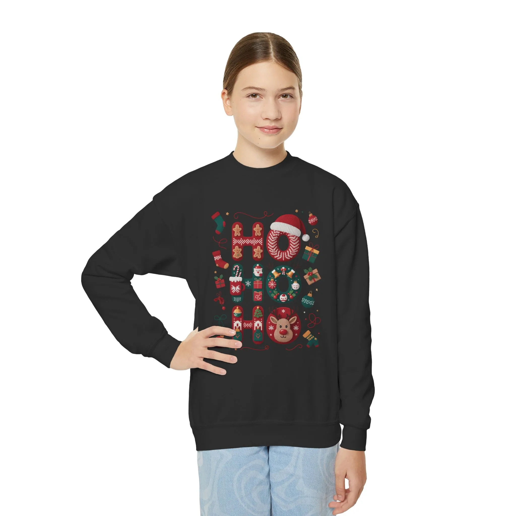 Ho Ho Ho Kids Christmas Sweatshirt, Cute Girls Holiday Outfit, Reindeer, Gingerbread - Santa Hat Design, Cozy Winter Youth Crewneck - Image 6