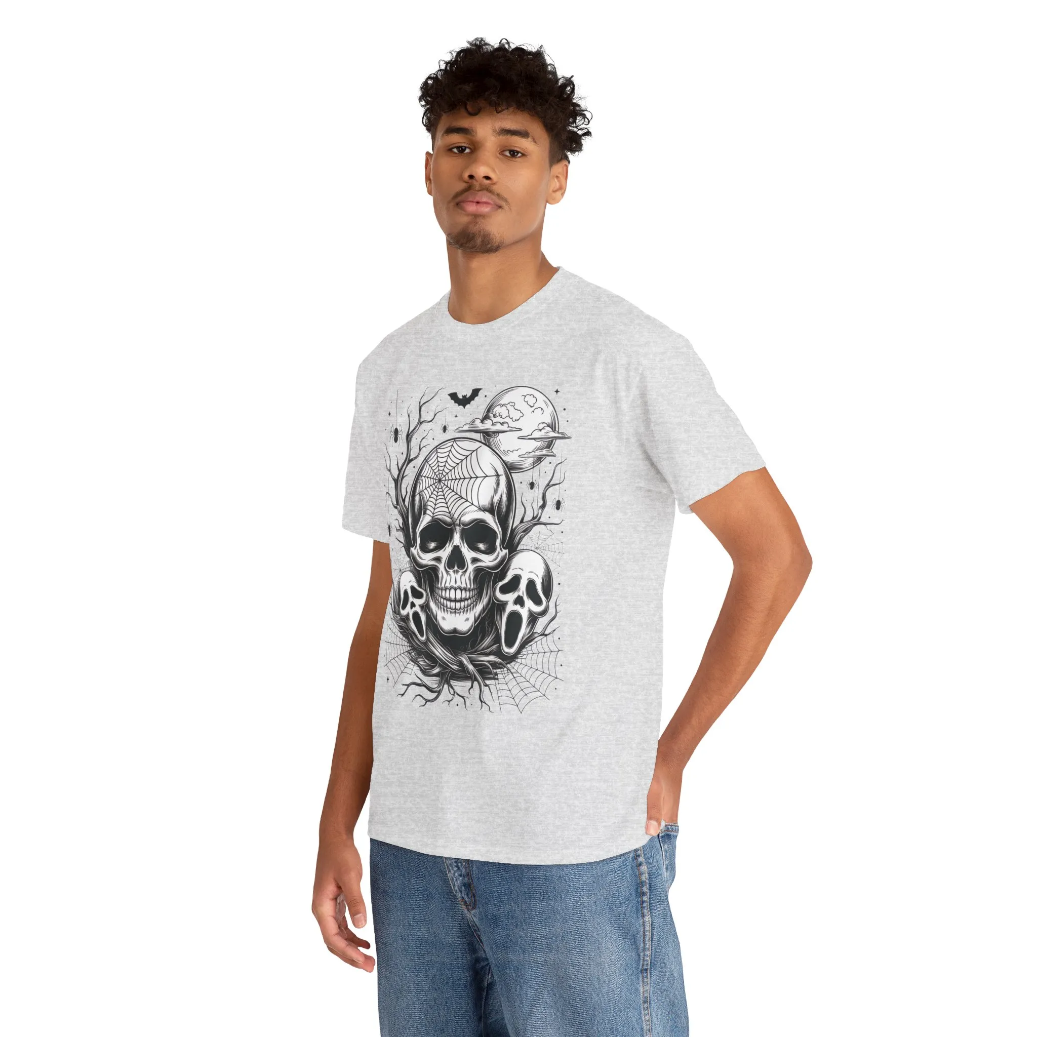 Men's Gothic Skull T-Shirt, Halloween Graphic Tee, Spider Web Moon Horror Shirt, Spooky Skull Graphic Top for Him - Image 3