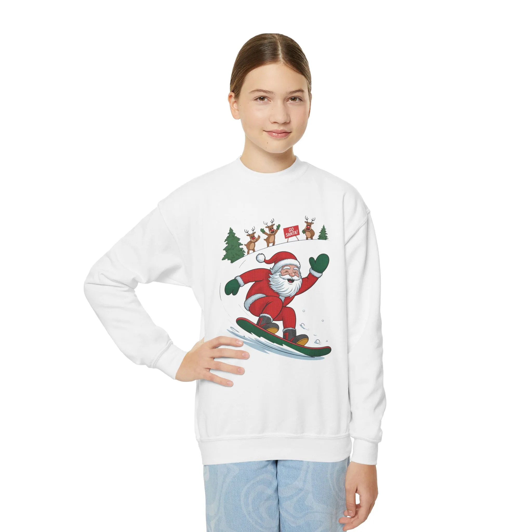 Go Santa Snowboarding Christmas Sweatshirt, Funny Santa - Reindeer Holiday Jumper for Kids, Cute Winter Sports Christmas Youth Sweatshirt - Image 3