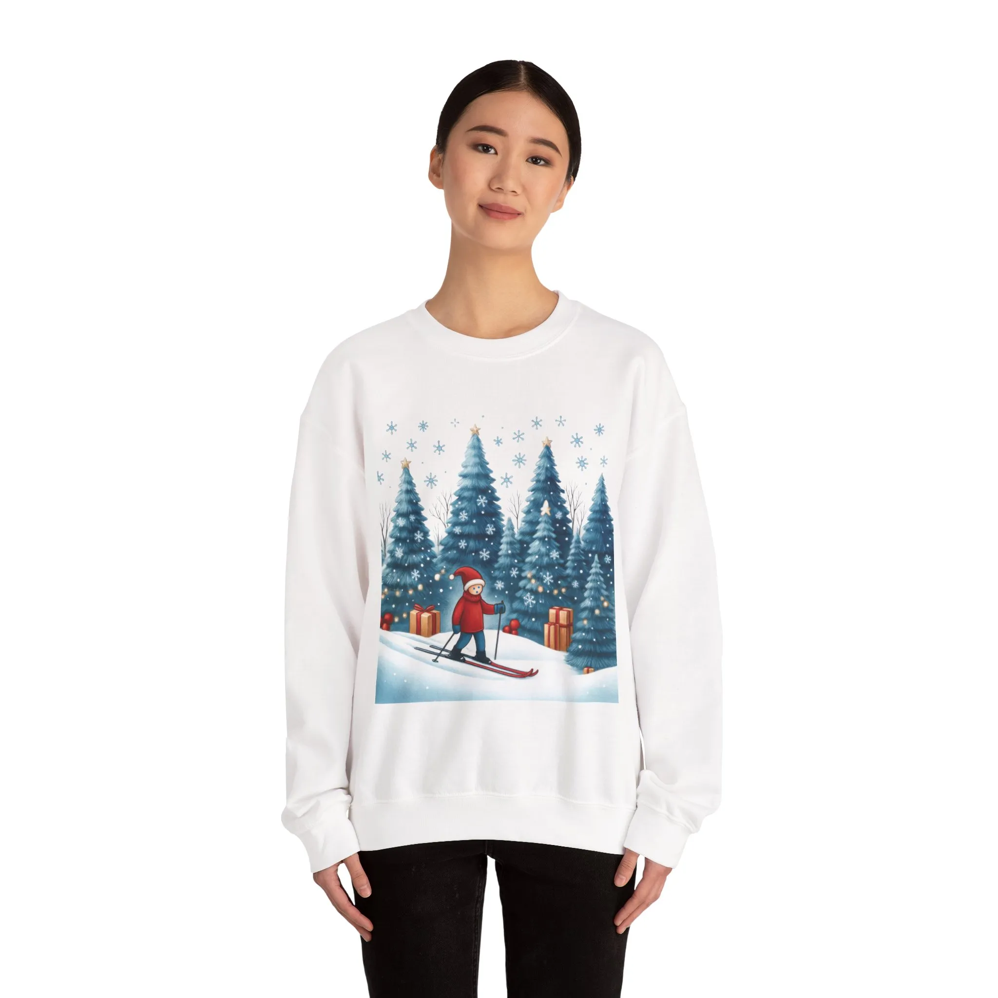 Womens Christmas Skiing Sweatshirt, Cozy Winter Holiday Pullover, Women's Heavy Blend™ Crewneck Sweatshirt - Image 5