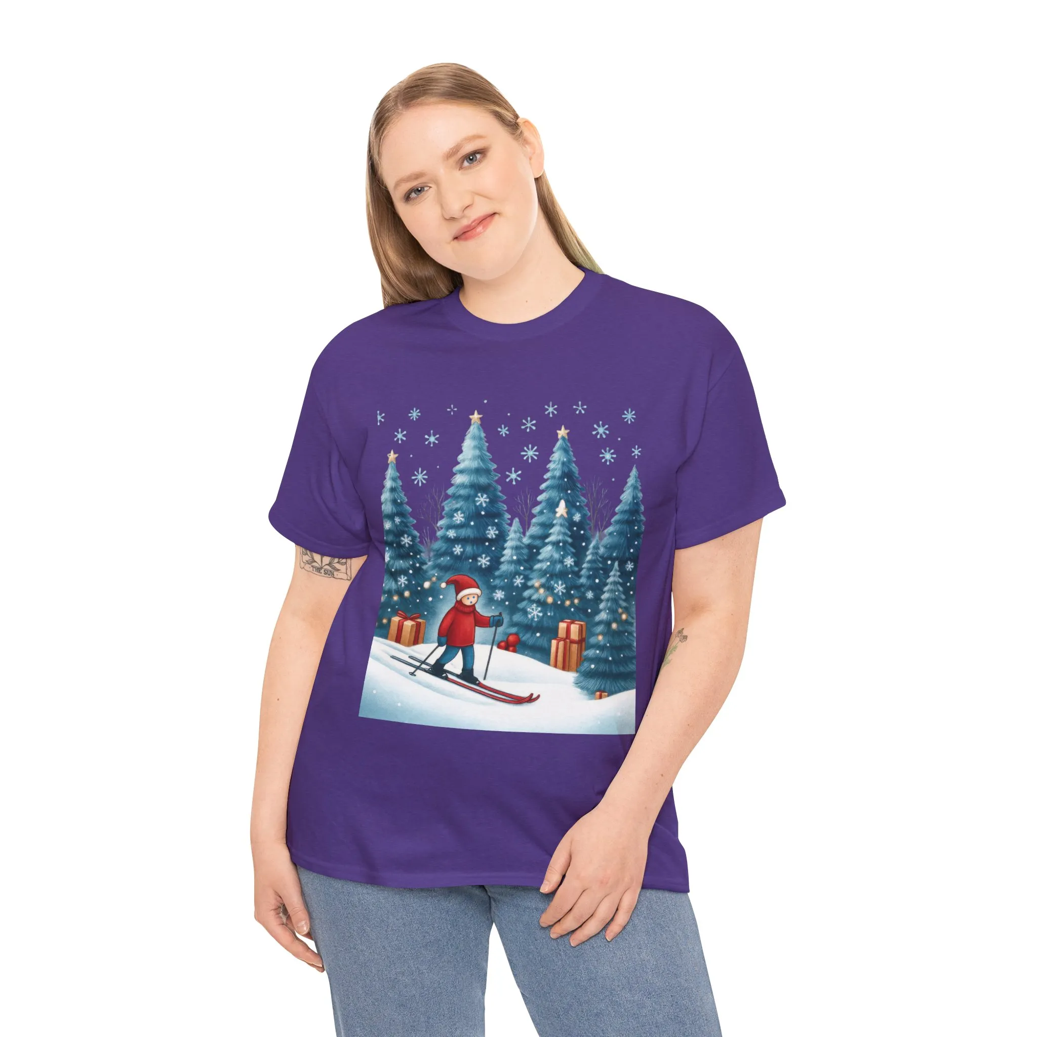 Womens Cute Winter Holiday Graphic Tee, Christmas Skiing T-Shirt, Women's Heavy Cotton Tee - Image 21