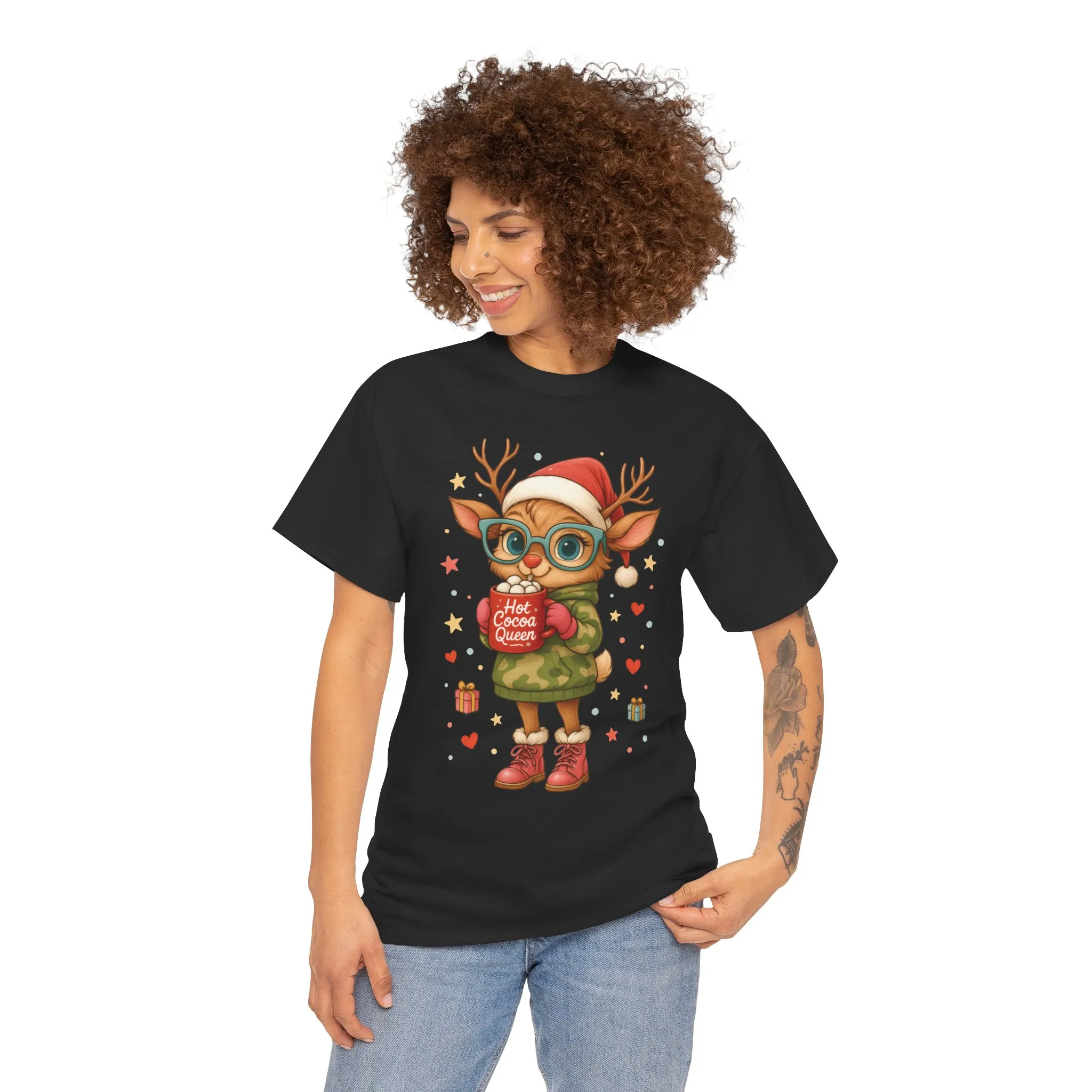 Hot Cocoa Queen Christmas Women's T-Shirt, Cute Holiday Reindeer Tee for Women - Image 8