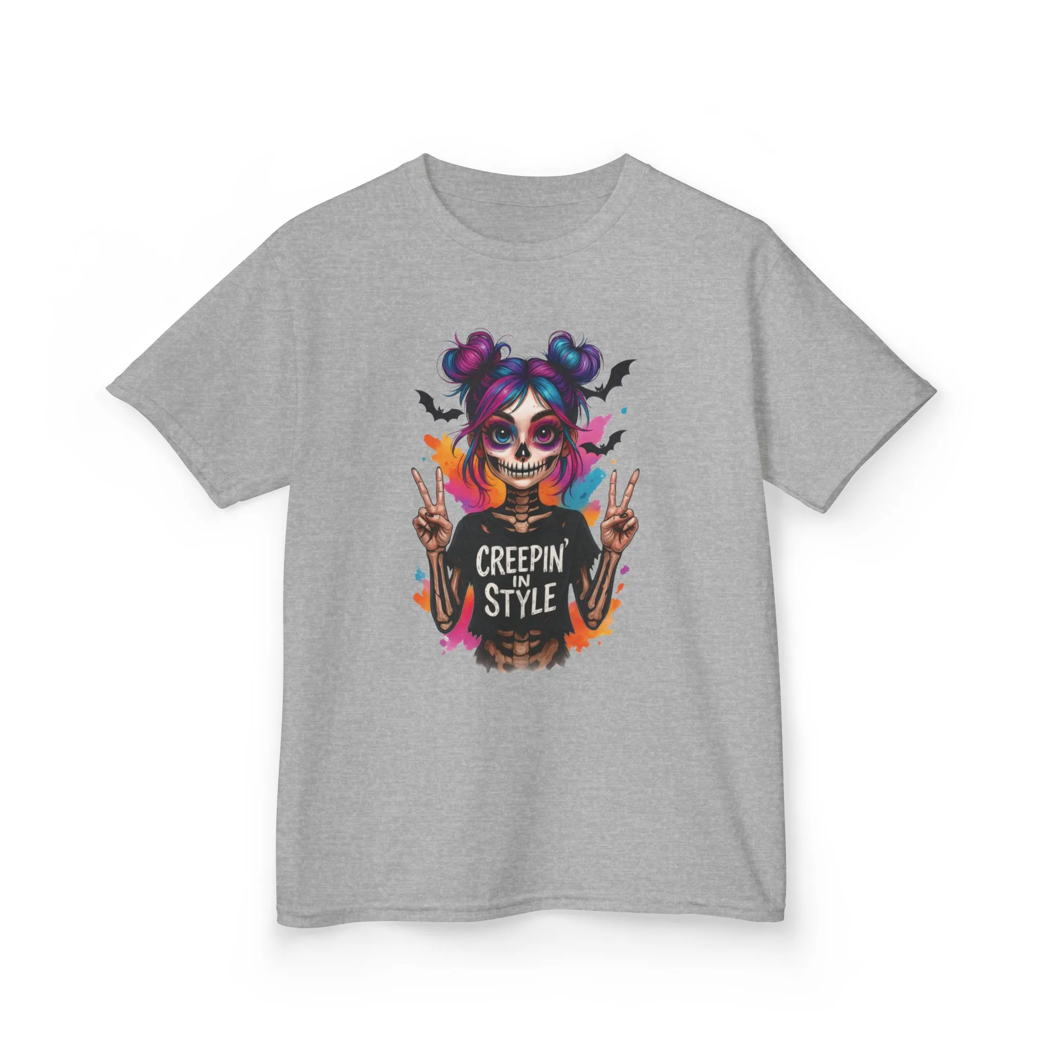 Creepin' in Style Kids Halloween T-Shirt, Colorful Skeleton Girl Design, Cute Spooky Shirt for Trendy Girls - Image 5