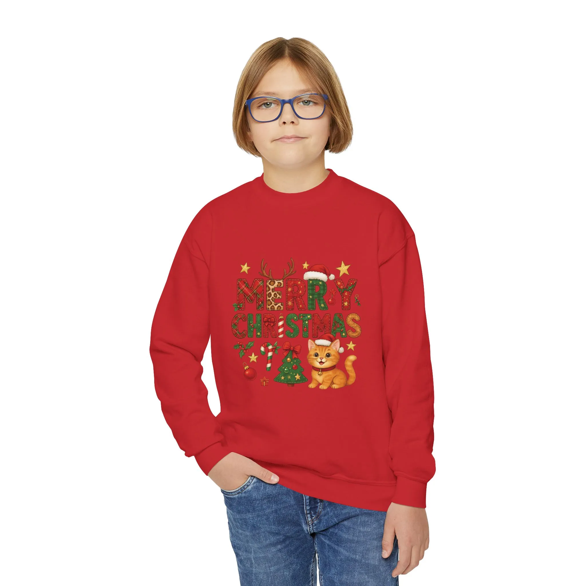 Merry Christmas Cat Sweatshirt for Girls, Cozy Holiday Kitten Jumper, Youth Crewneck Sweatshirt - Image 24