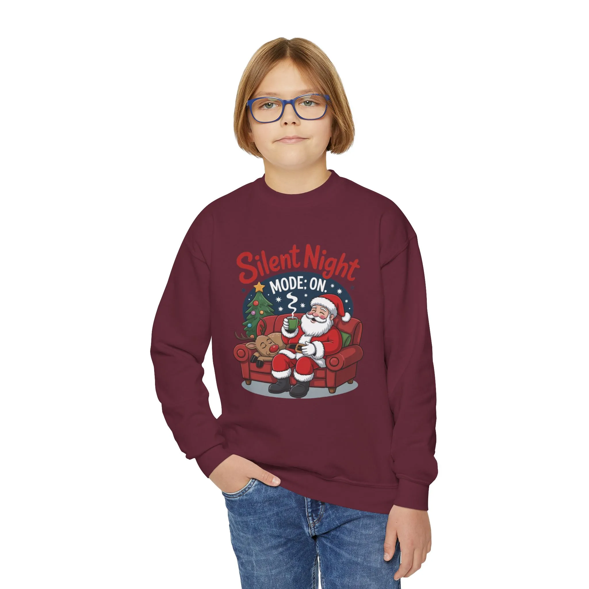 Kids Silent Night Mode On Christmas Sweatshirt, Cute Santa - Reindeer Holiday Jumper, Funny Cozy Christmas Sweater for Youth - Image 14
