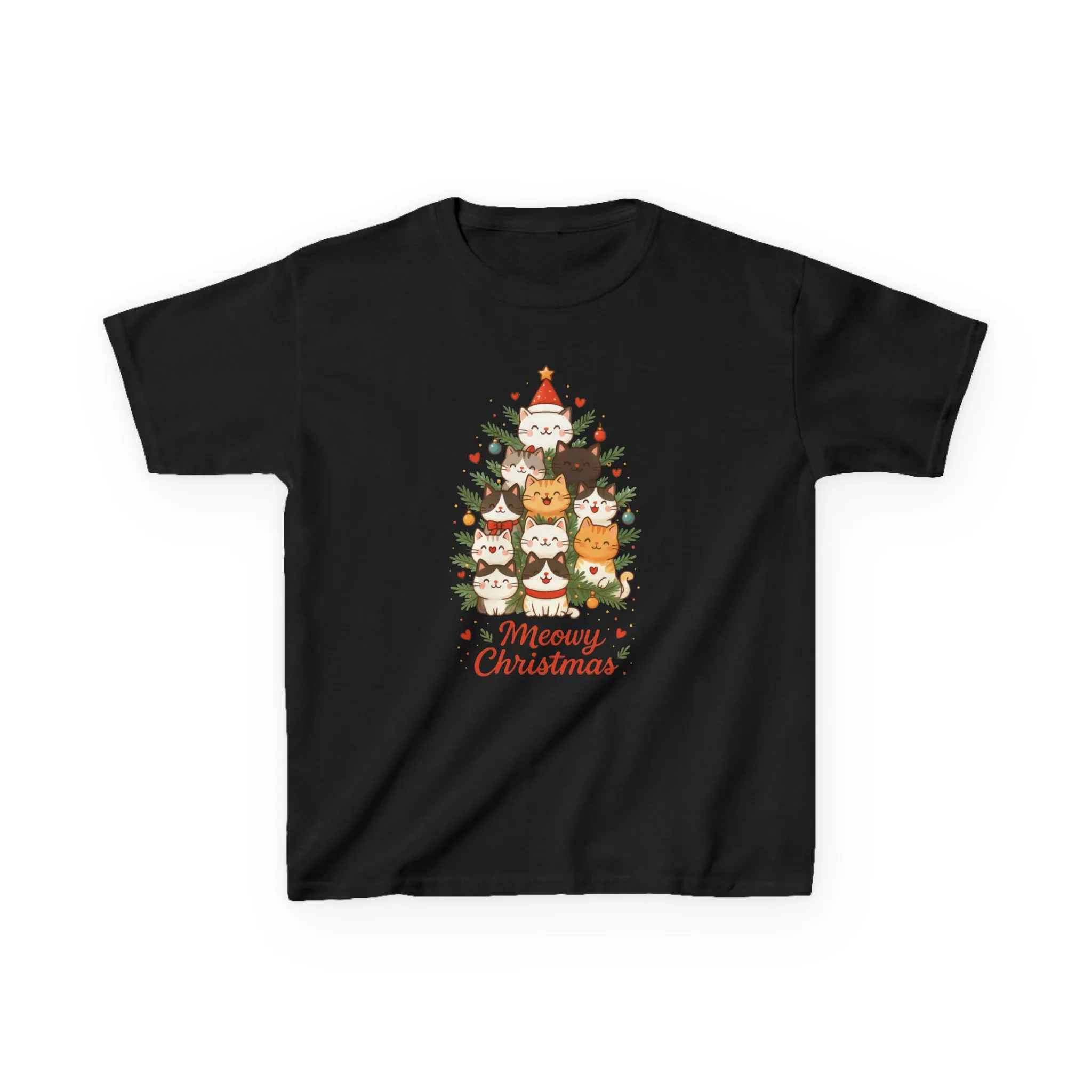 Youth Meowy Christmas Cat T-Shirt, Cute Kids Holiday Kitty Tee - Image 5