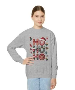 Ho Ho Ho Kids Christmas Sweatshirt, Cute Girls Holiday Outfit, Reindeer, Gingerbread - Santa Hat Design, Cozy Winter Youth Crewneck