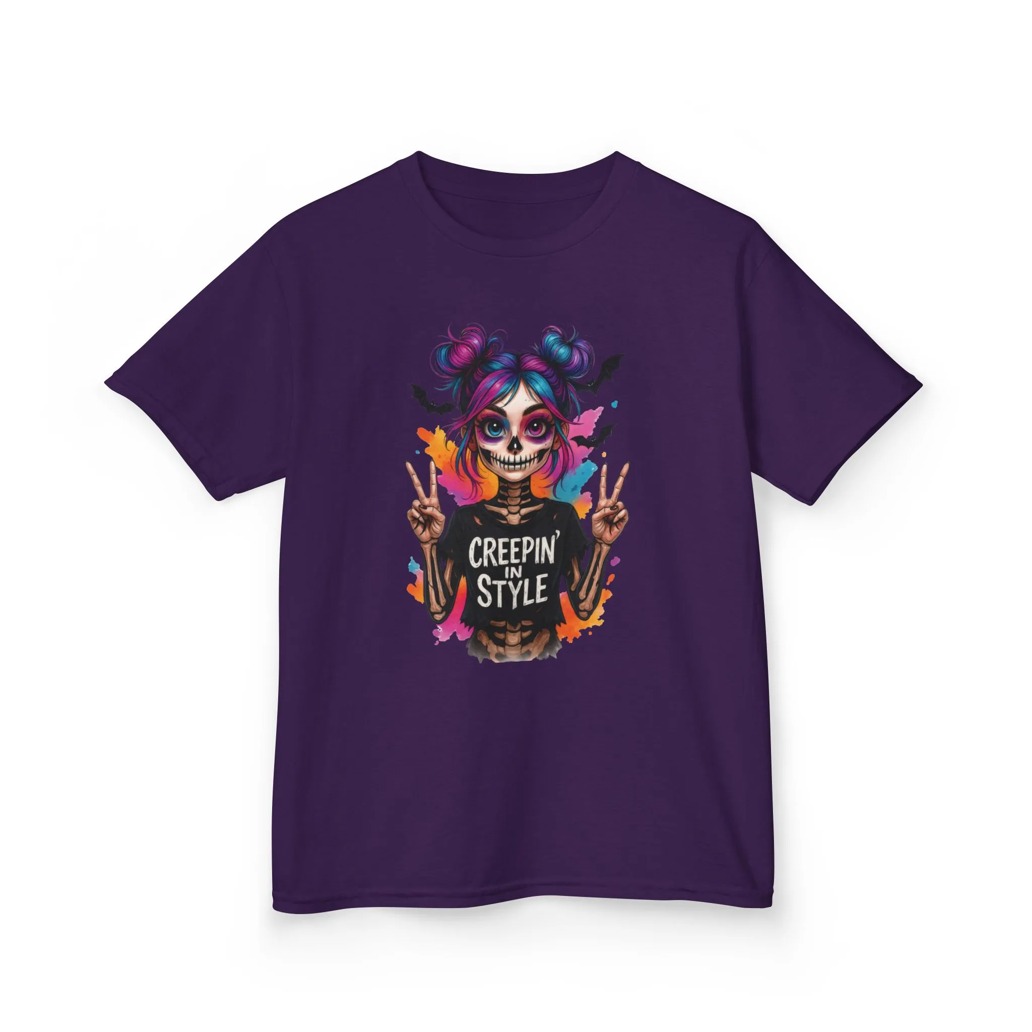 Creepin' in Style Kids Halloween T-Shirt, Colorful Skeleton Girl Design, Cute Spooky Shirt for Trendy Girls - Image 13