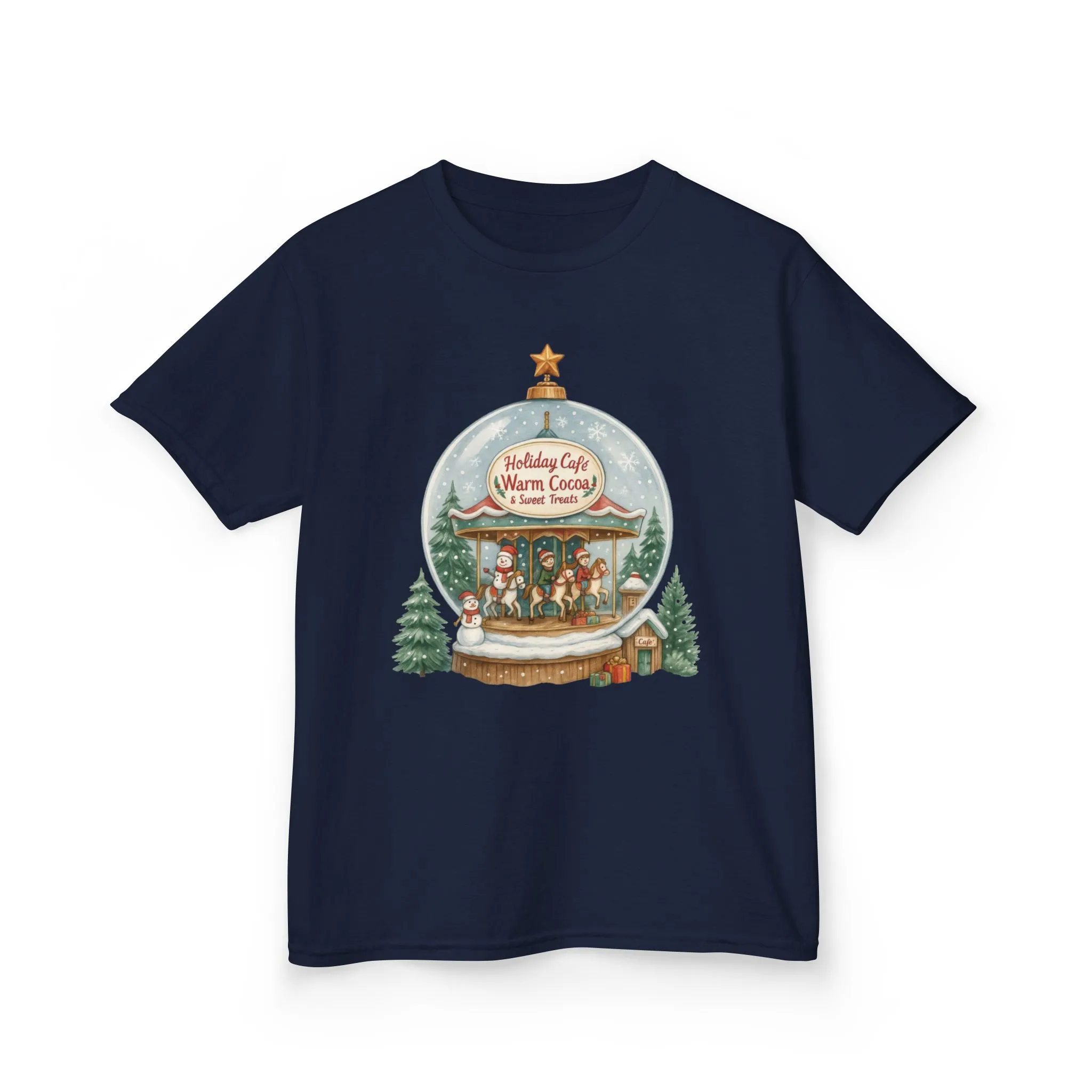 Youth Holiday Café Christmas T-Shirt, Warm Cocoa Carousel Kids Tee - Image 11
