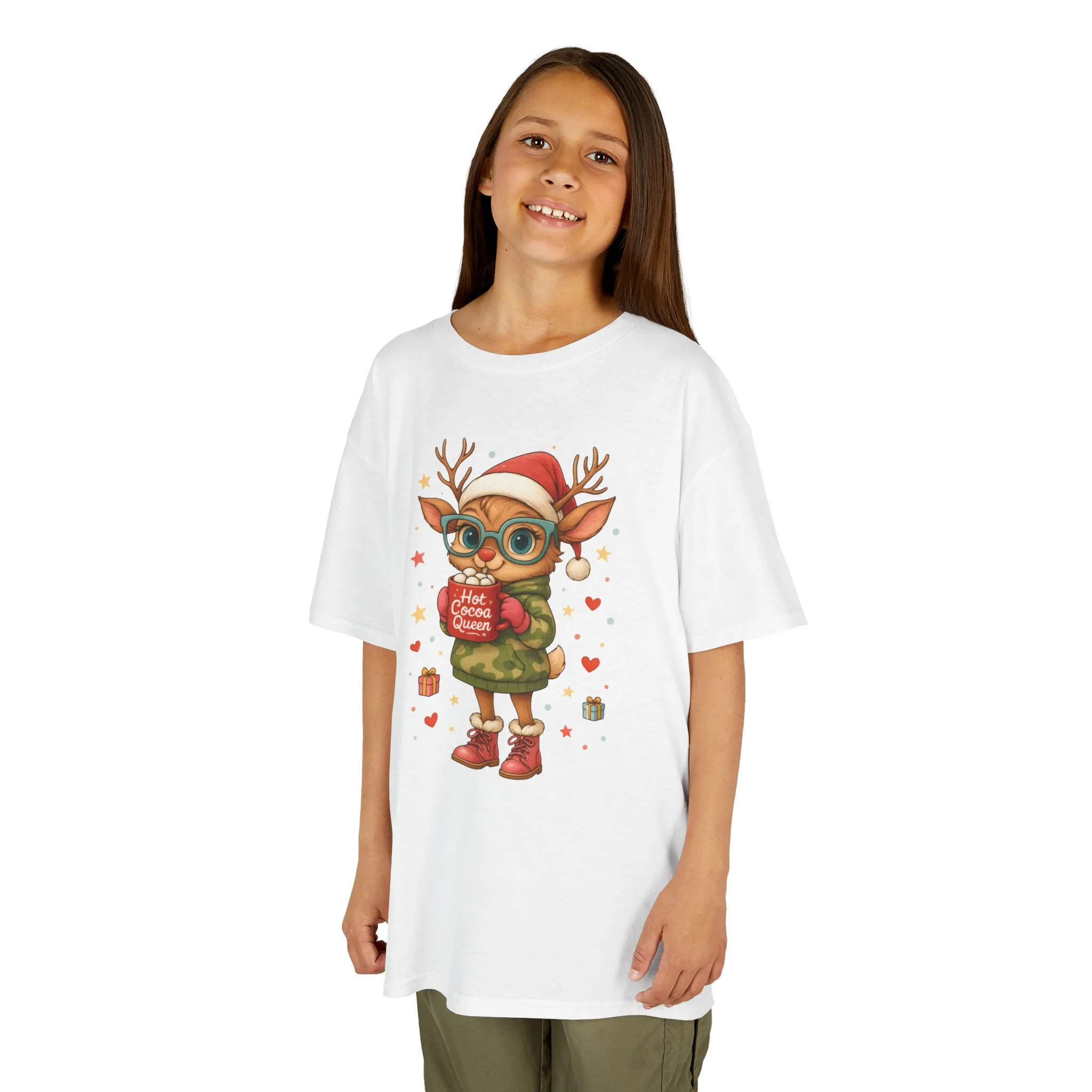 Hot Cocoa Queen Christmas T-Shirt for Girls, Cute Holiday Reindeer Tee - Image 4