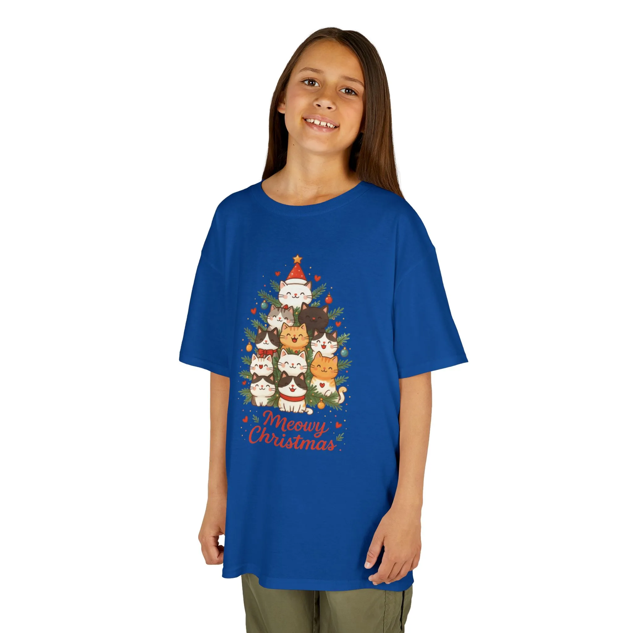 Youth Meowy Christmas Cat T-Shirt, Cute Kids Holiday Kitty Tee - Image 12