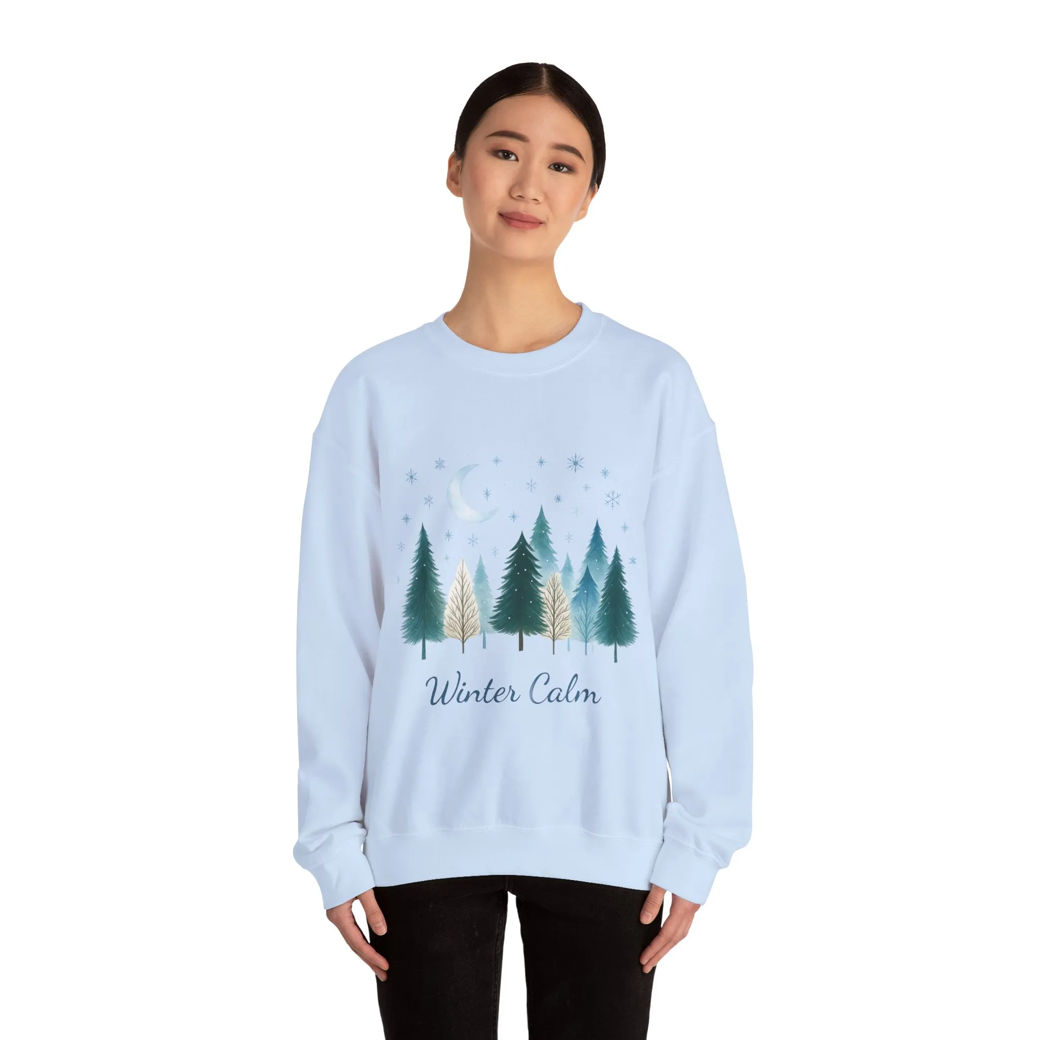 Winter Calm Sweatshirt, Minimalist Christmas Forest Pullover, Serene Winter Moon Scene Sweater for Women - Image 11