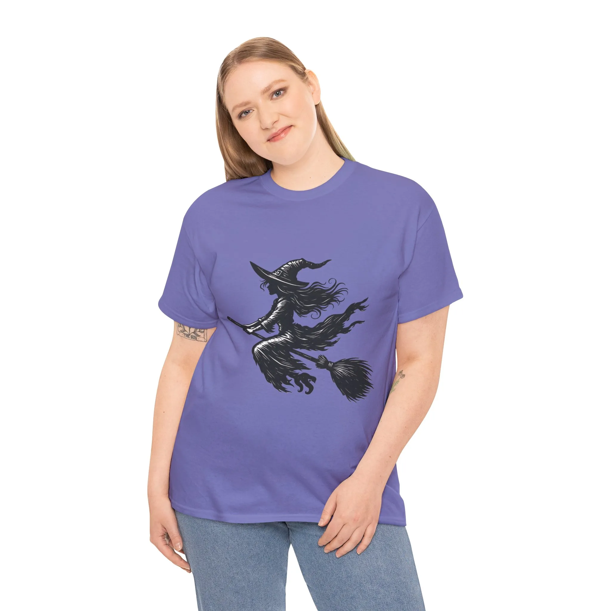 Flying Witch Silhouette Halloween T-Shirt for Women, Vintage Witch on Broom Tee, Spooky Gothic Fall Shirt, Minimal Black Witch Top - Image 24
