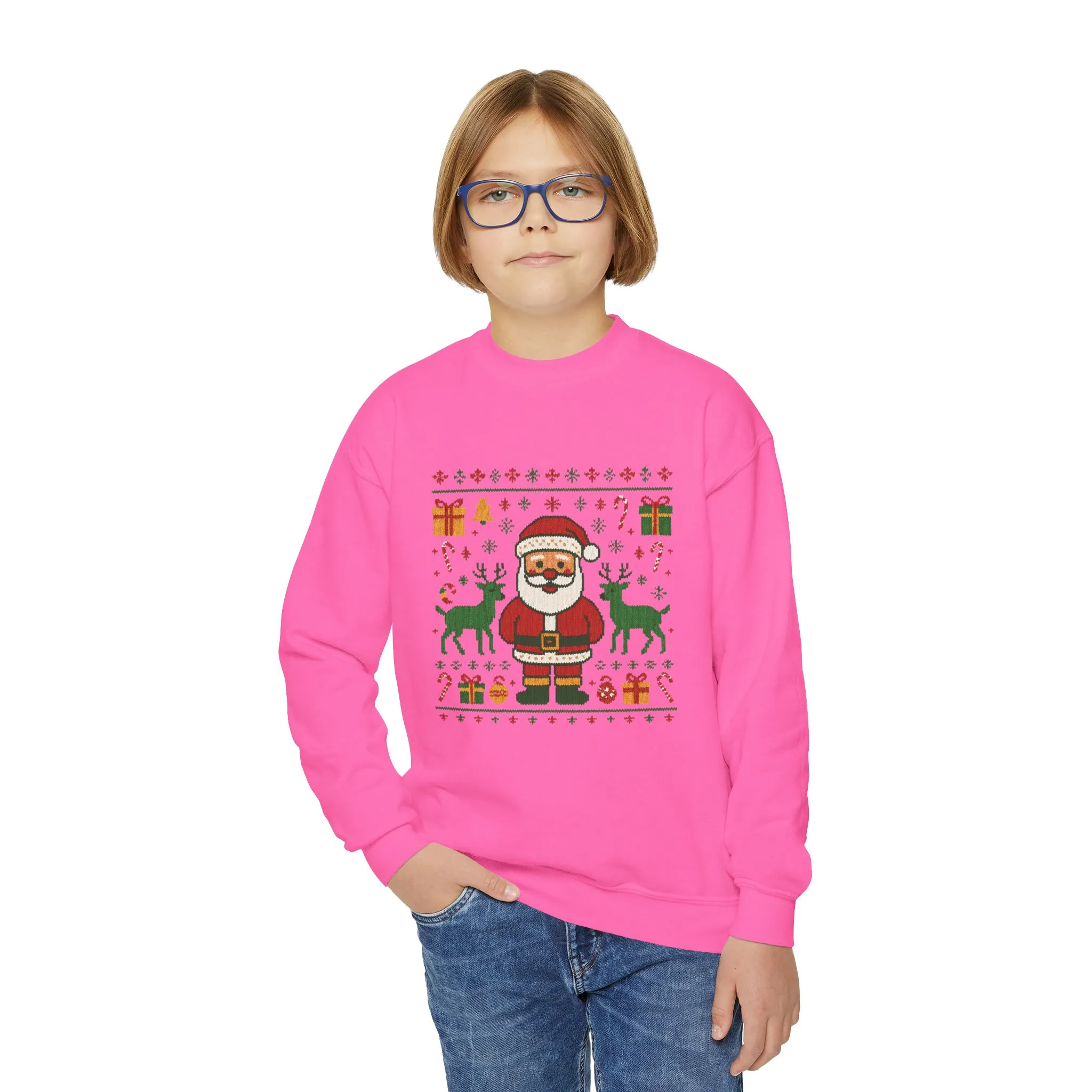 Kids Santa Christmas Shirt, Cute Knit Pattern Holiday Sweatshirt, Youth Crewneck Sweatshirt - Image 24