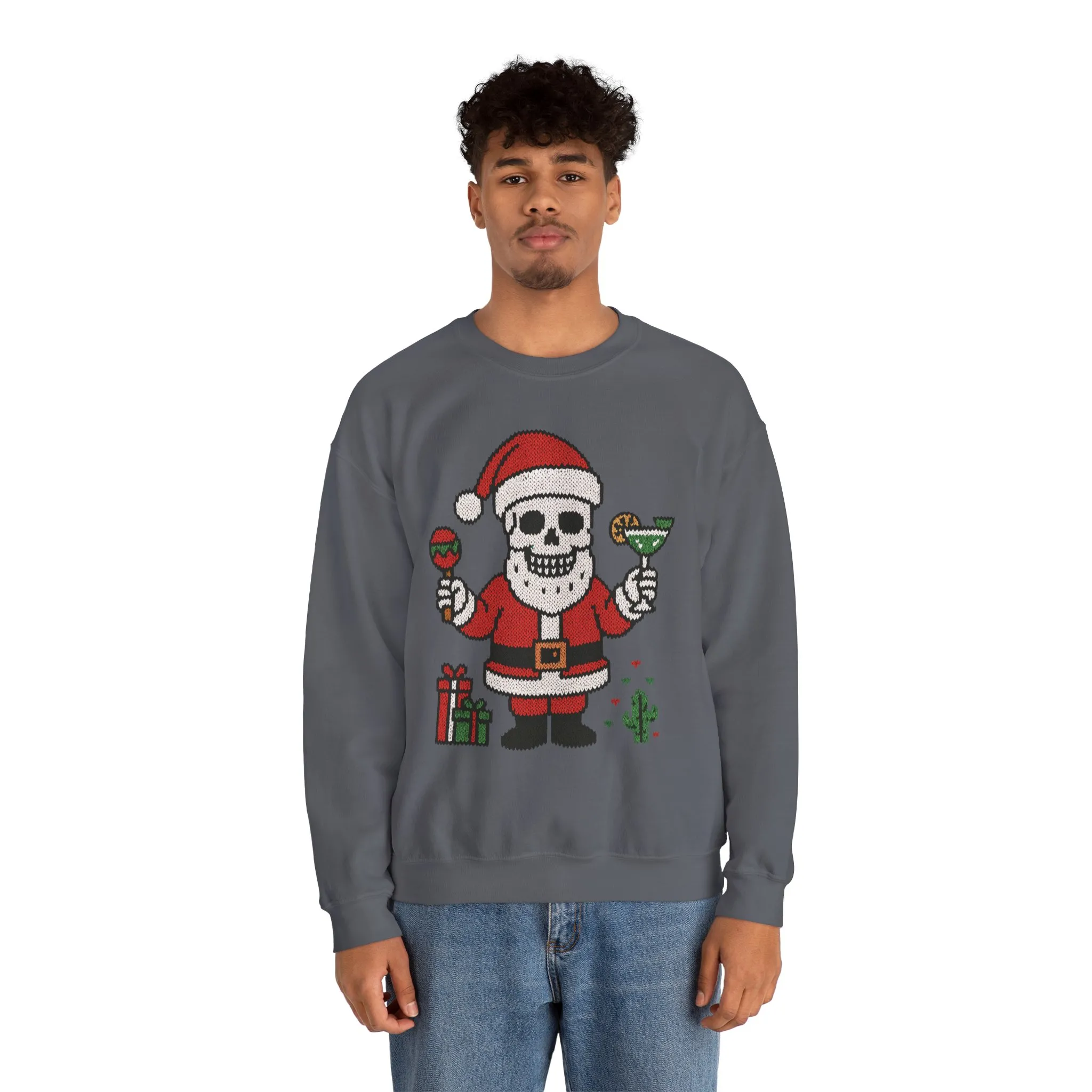 Funny Santa Skull Christmas Men's Sweatshirt, Holiday Margarita Pullover - Image 20
