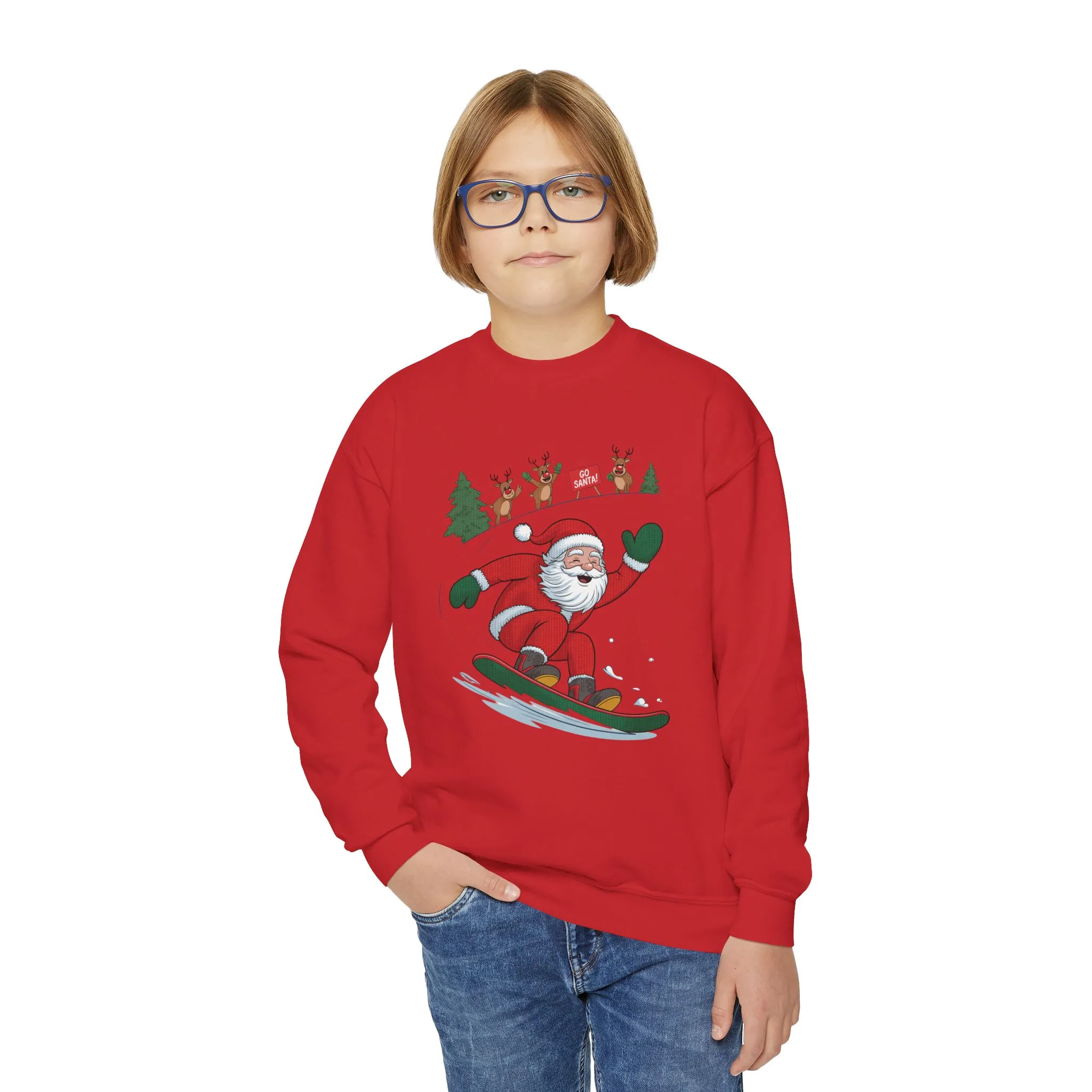 Go Santa Snowboarding Christmas Sweatshirt, Funny Santa - Reindeer Holiday Jumper for Kids, Cute Winter Sports Christmas Youth Sweatshirt - Image 20