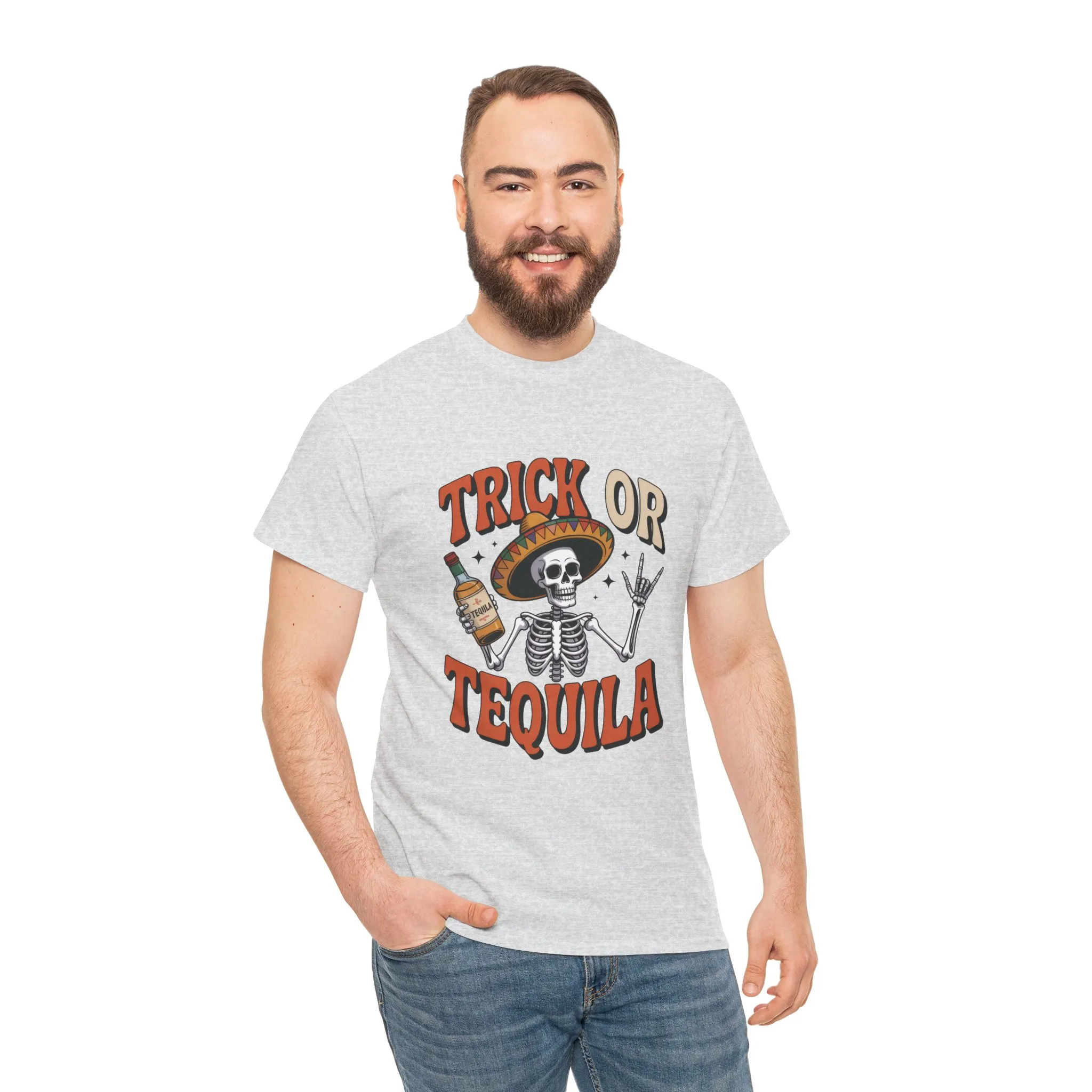 Trick or Tequila Skeleton Men's T-Shirt , Funny Halloween Drinking Party Tee for Men