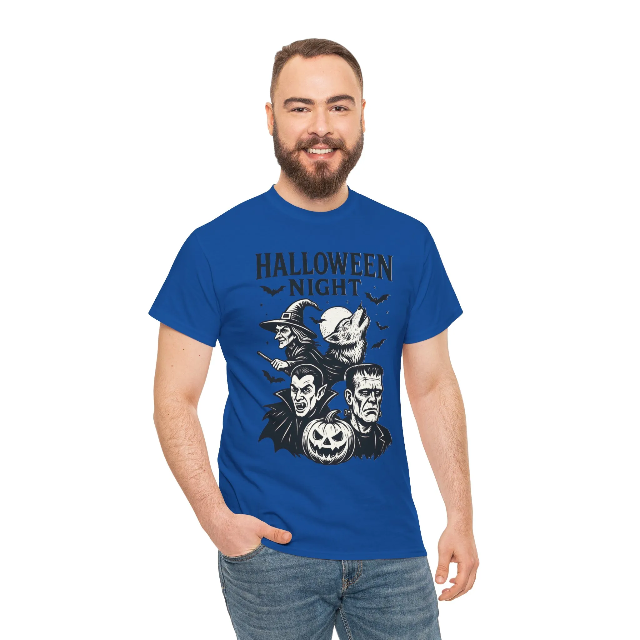 Halloween Night Men's T-Shirt, Classic Monsters Graphic Tee, Witch, Vampire, Frankenstein, Werewolf - Image 26