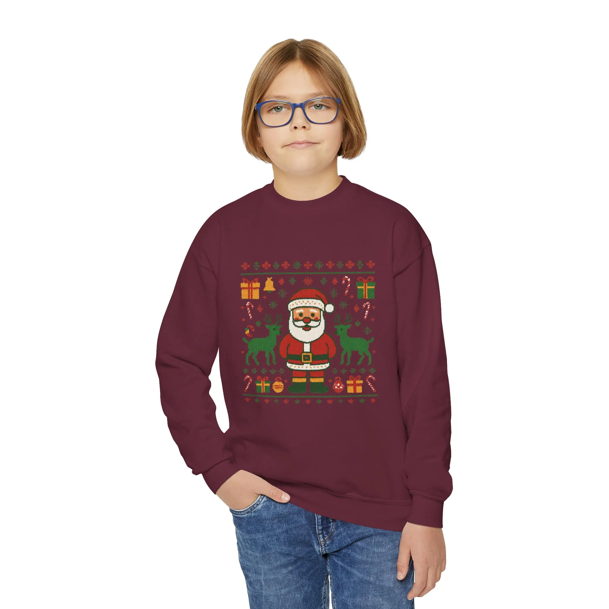 Kids Santa Christmas Shirt, Cute Knit Pattern Holiday Sweatshirt, Youth Crewneck Sweatshirt - Image 12