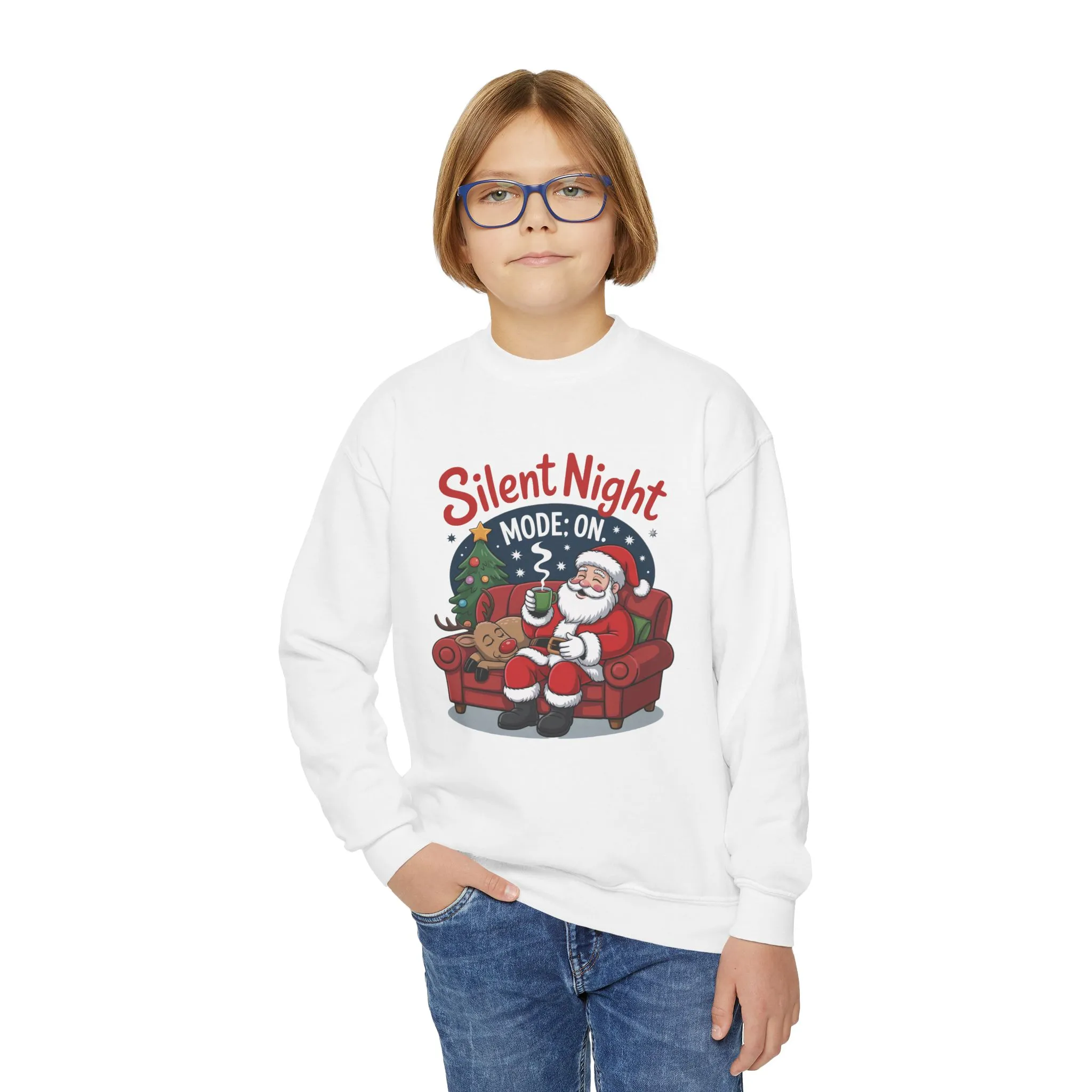 Kids Silent Night Mode On Christmas Sweatshirt, Cute Santa - Reindeer Holiday Jumper, Funny Cozy Christmas Sweater for Youth - Image 5