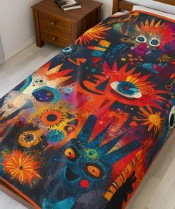 Abstract Psychedelic Faces Blanket, Colorful Boho Art Throw, Vibrant Mid Century Modern Blanket, Eye Pattern Retro Decor, sizes: 60x80".